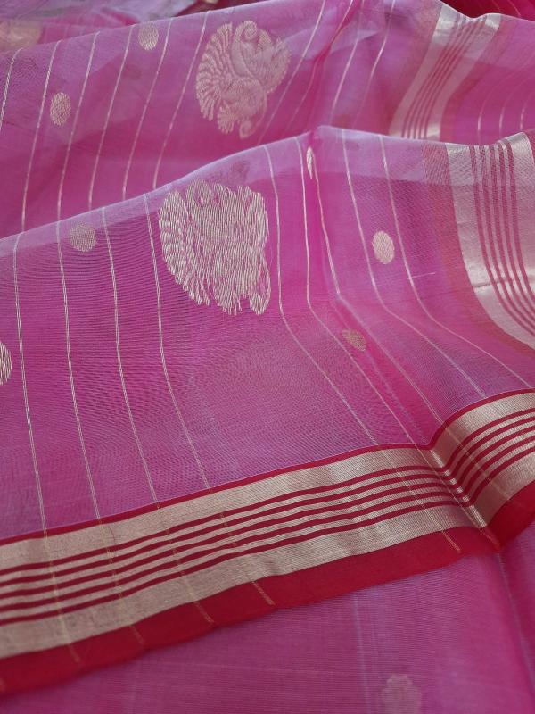 HerClozet Pure Dual shaded Chanderi Handwoven katan Silk Saree (Pink)