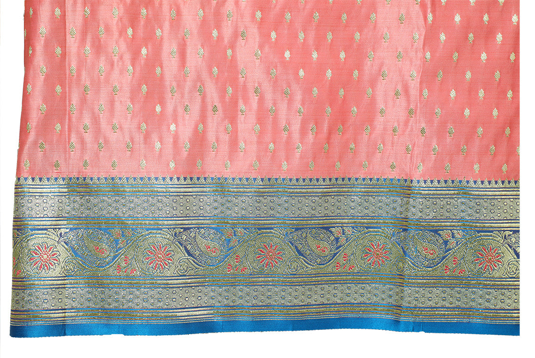 HerClozet Women's Katan Banarasi Meenakari Zari weaving Silk Saree(Peach; Blue)