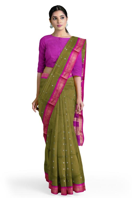 HerClozet Soft silk Gadwal boota Zari Weaving Saree-(Mehendi Green;Pink)