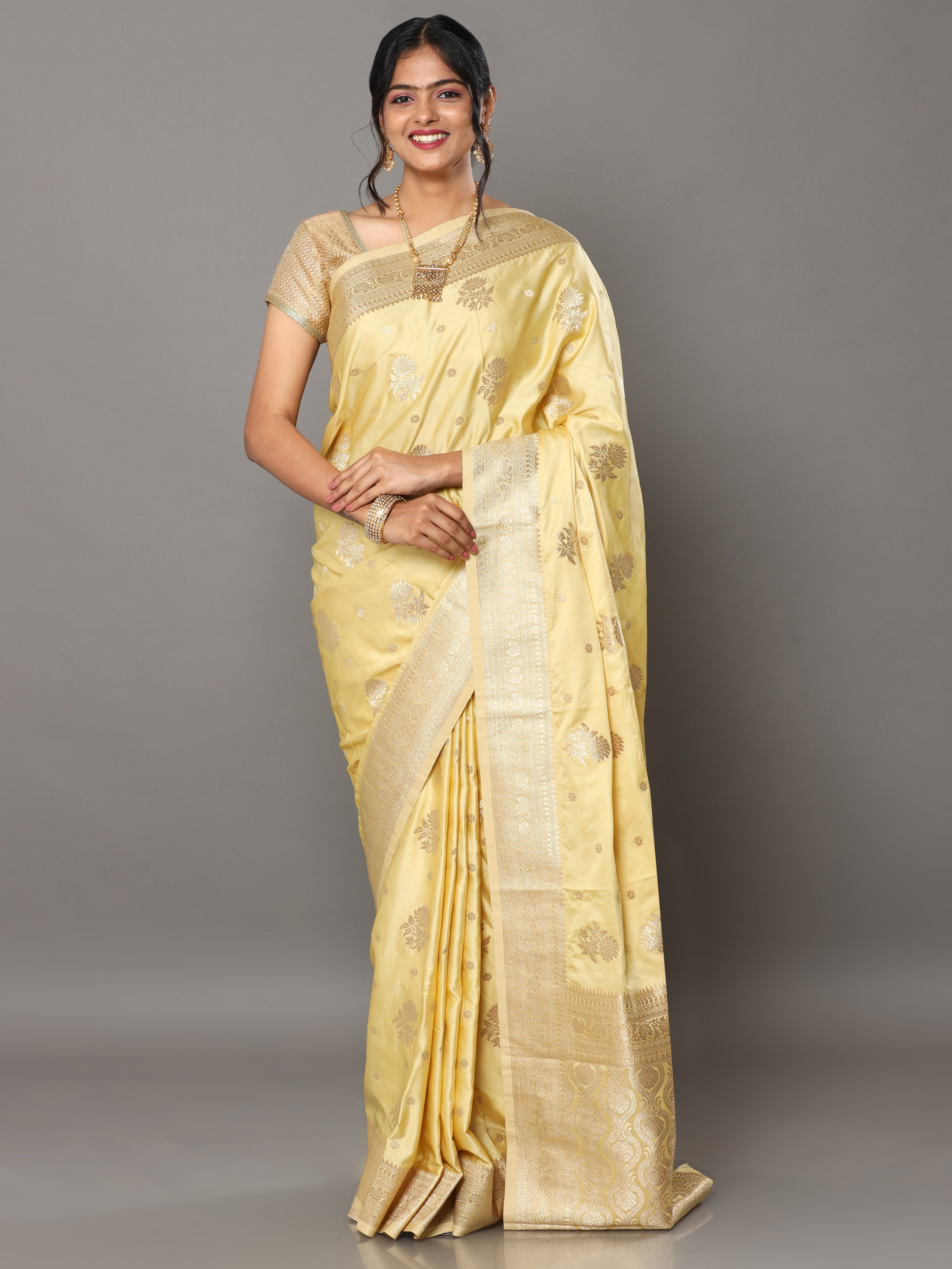 HerClozet Banarasi Meenakari Boota Gaji Silk Gold Zari Saree-(Yellow;Golden)