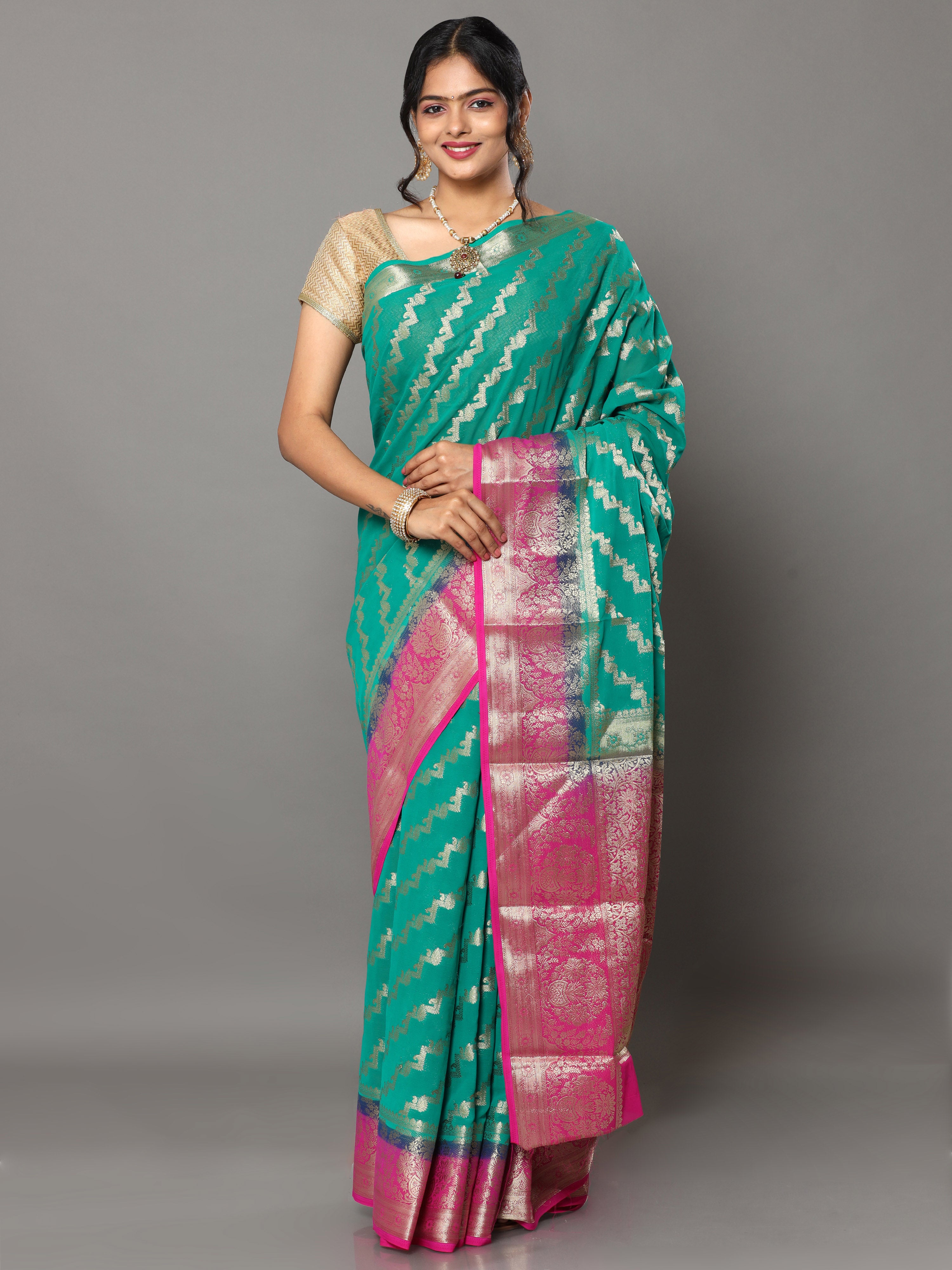 HerClozet Banarasi Khadi Chiffon Saree -6.3 Mtr(Turquoise;Pink)