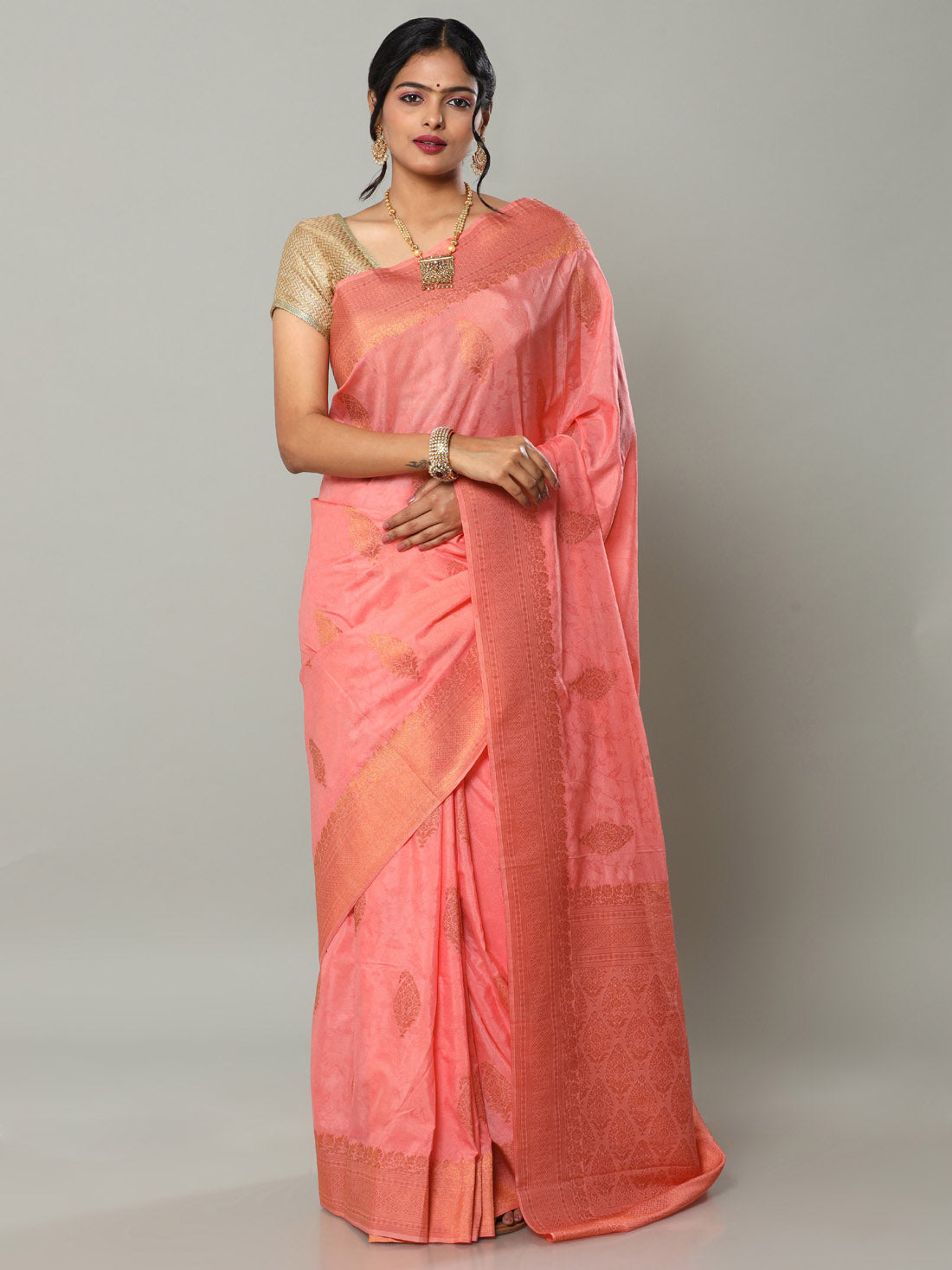 HerClozet Women's Woven Self weave Banarasi Khadi Chiffon Saree -6.3 Mtr(Peach Pink)