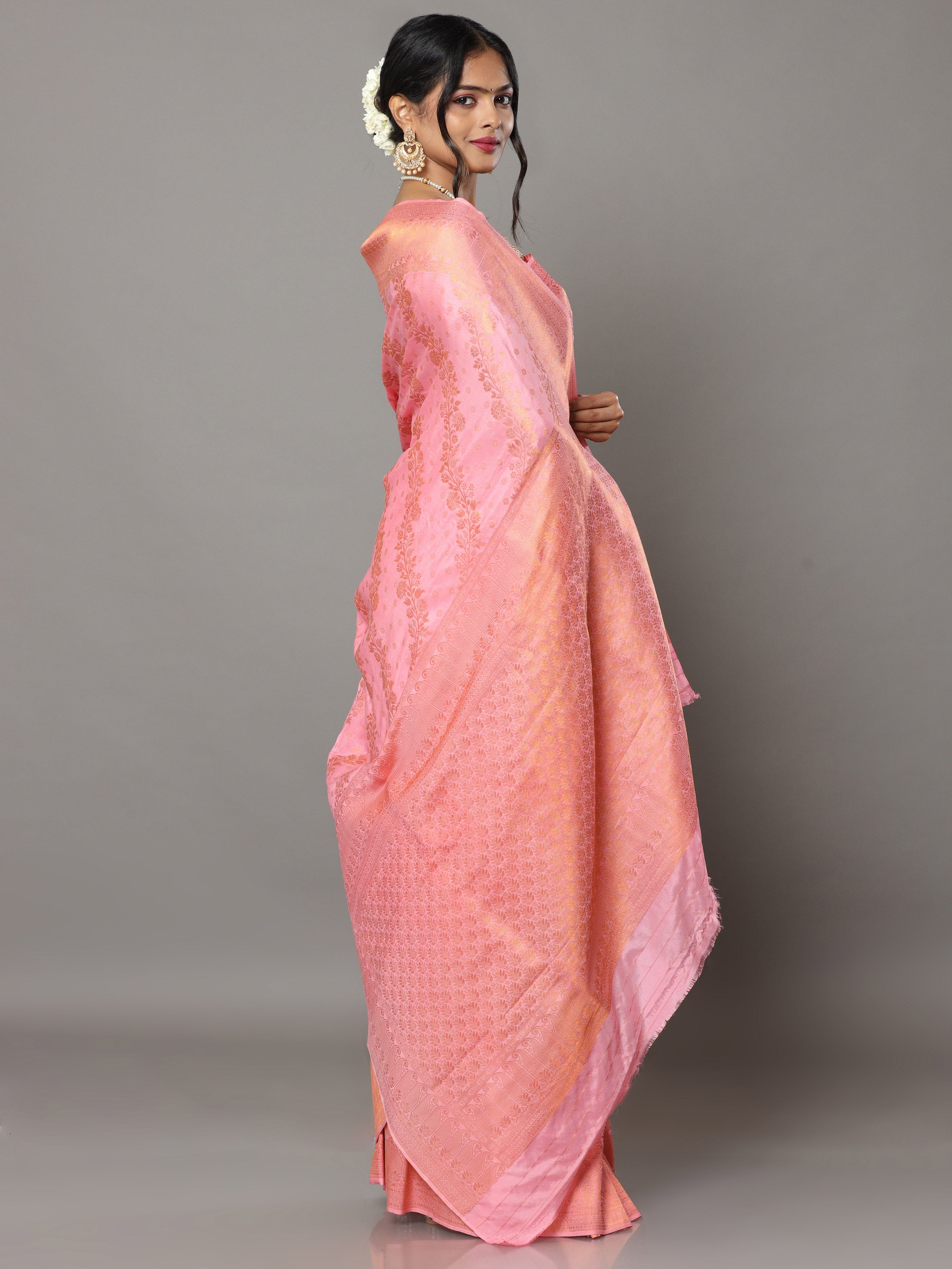 HerClozet Women's Banarasi Lahariya Gaji Silk Gold Zari Saree(Peach Pink)