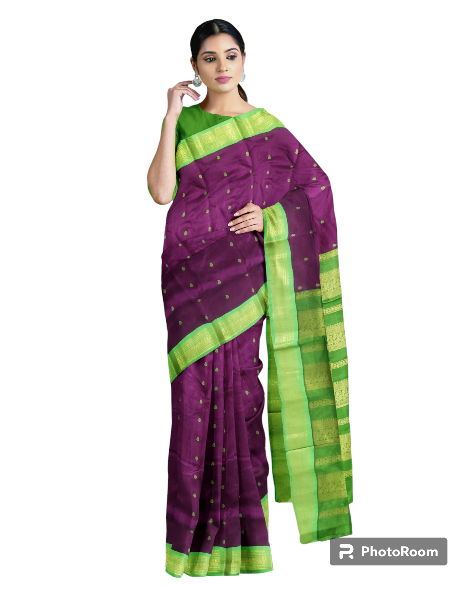HerClozet Soft silk Gadwal boota Zari Weaving Saree-(Wine;Green)