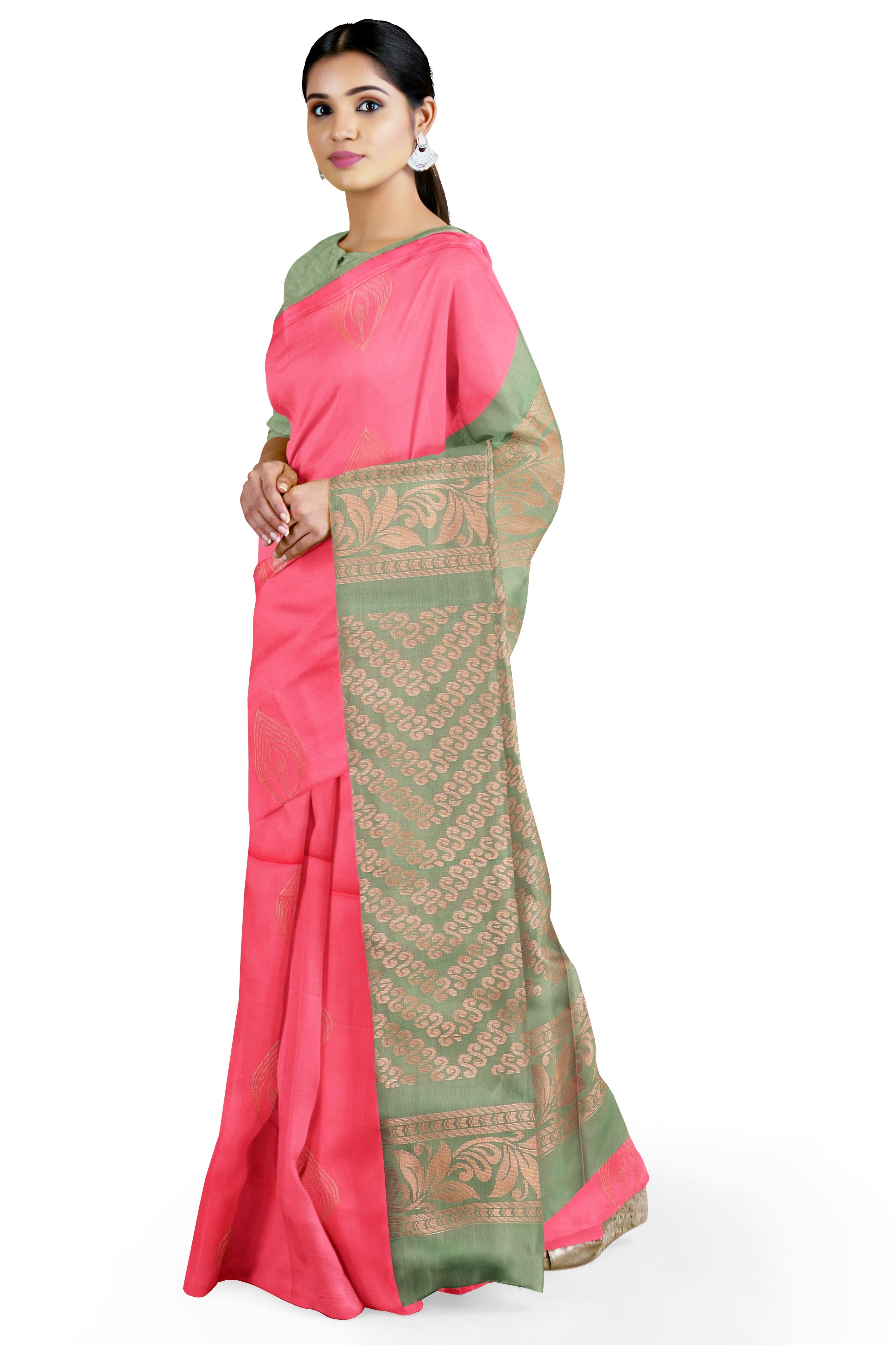 HerClozet Women's Kanjivaram Borderless Zari Weaving Soft Silk Saree(Pink;Green)