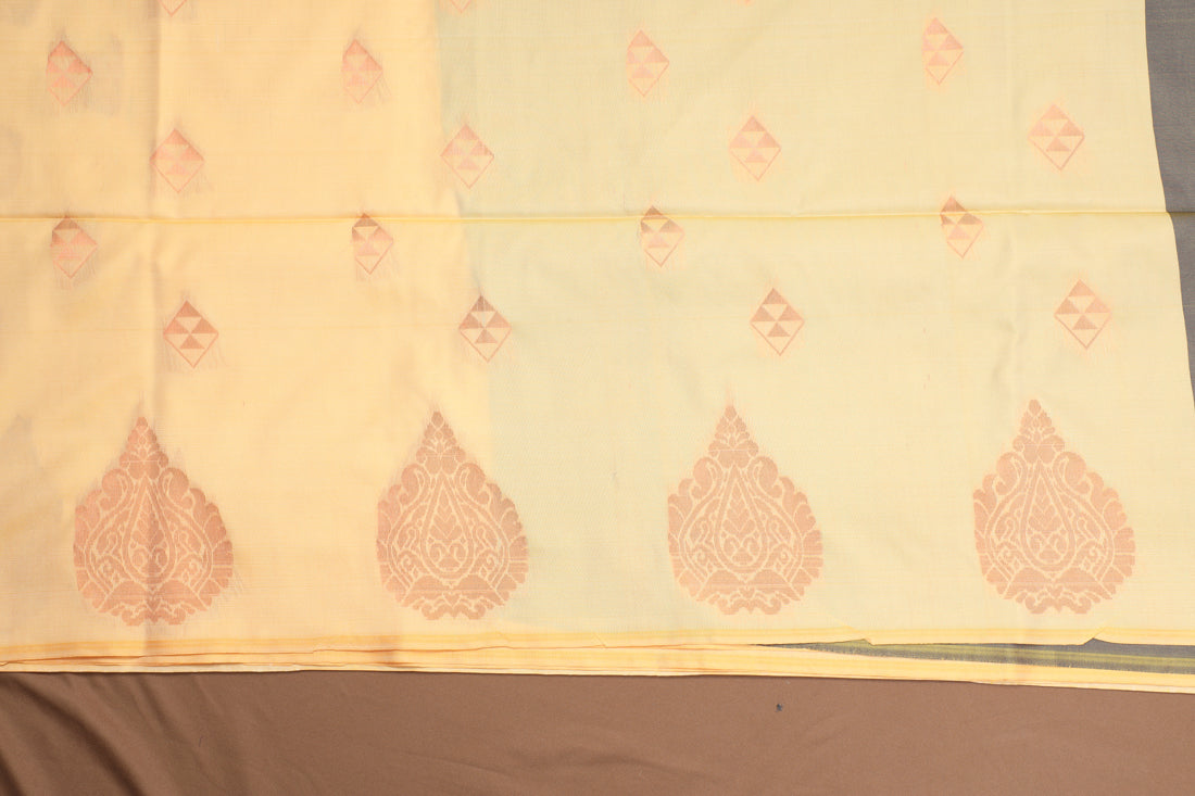 HerClozet Women's Kanjivaram Borderless Zari Weaving Soft Silk Saree(Light Yellow)