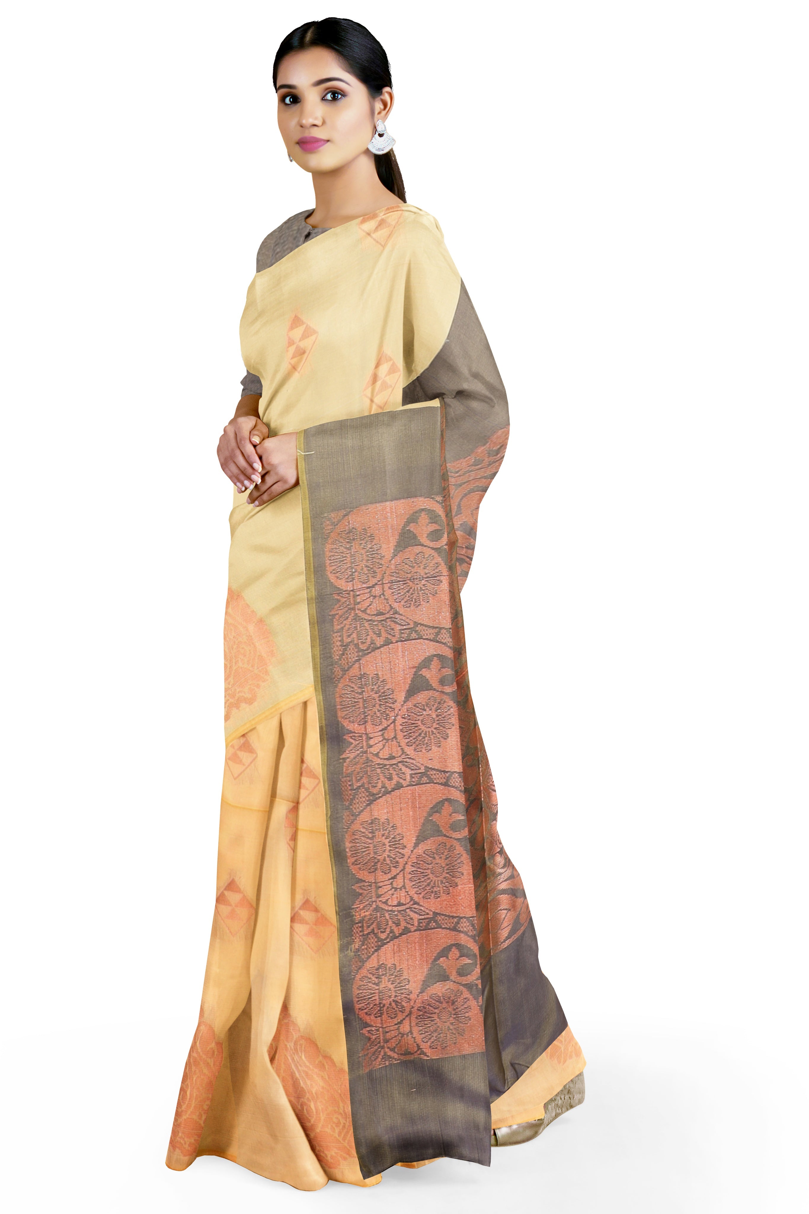 HerClozet Women's Kanjivaram Borderless Zari Weaving Soft Silk Saree(Light Yellow)
