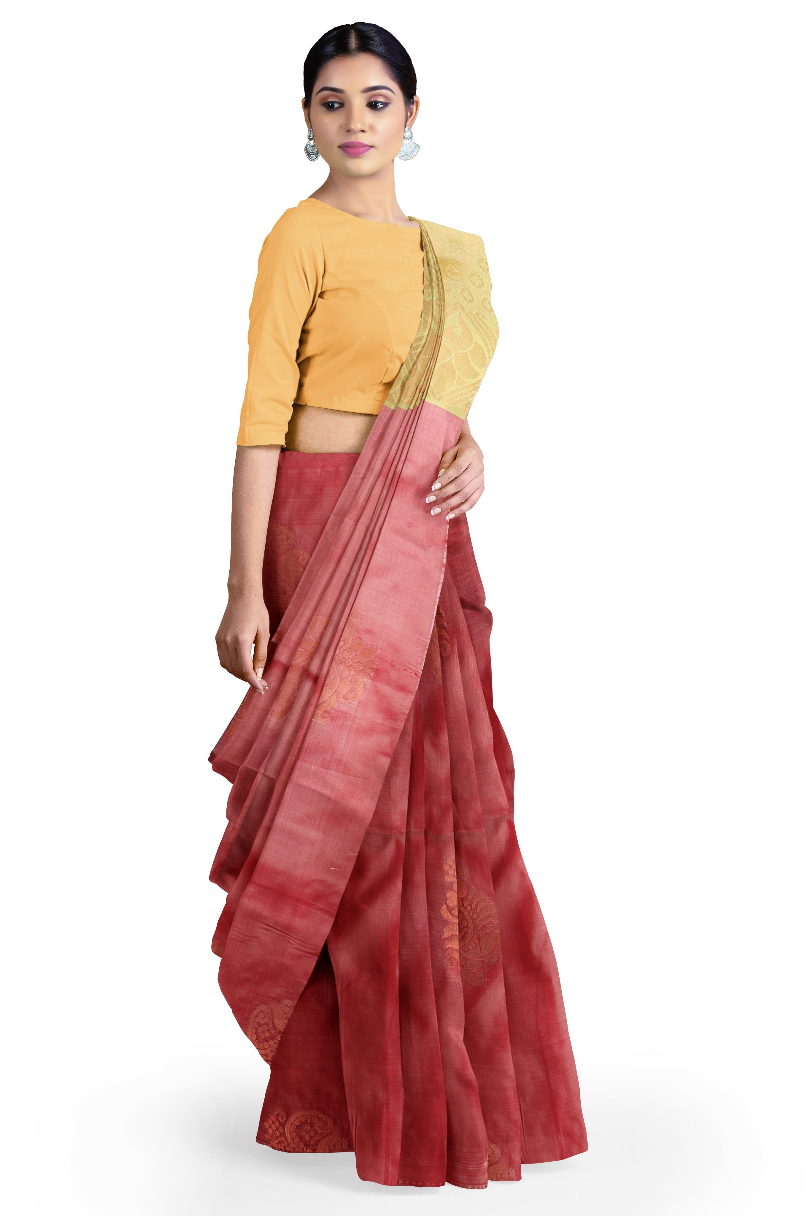 HerClozet Women's Kanjivaram Borderless Zari Weaving Soft Silk Saree(Peach)