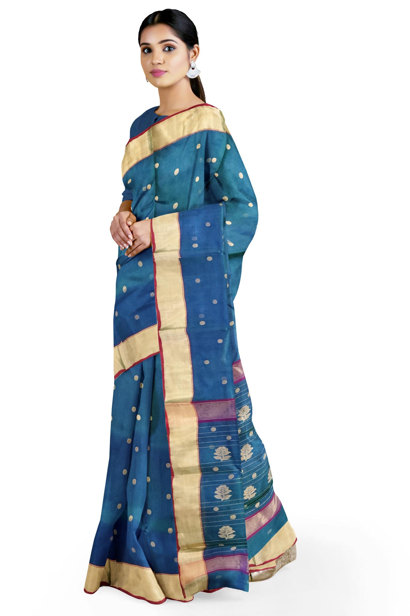 HerClozet Women's Pure Chanderi Handwoven katan Silk Saree (Turquoise;Gold)