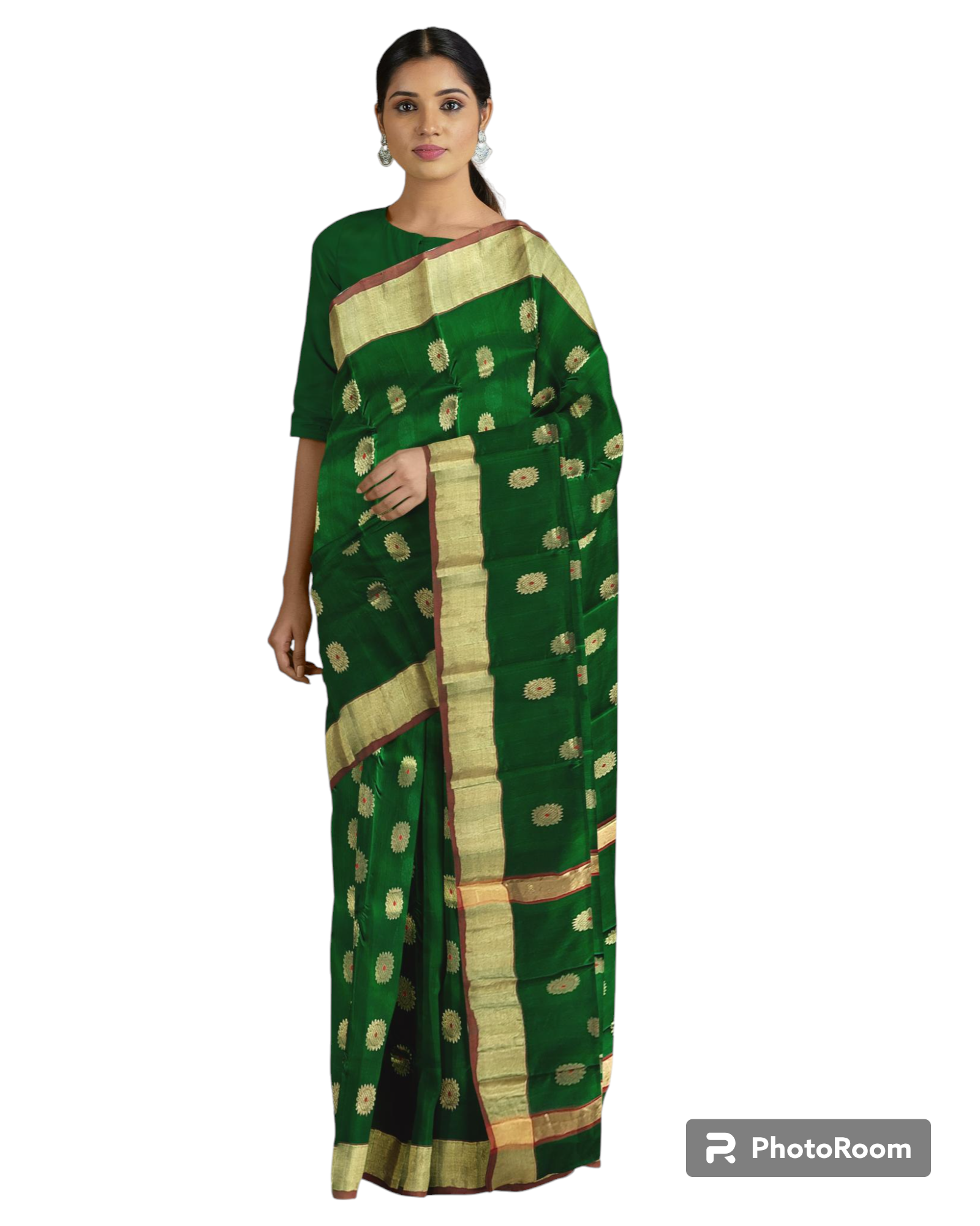 HerClozet Pure Chanderi Handwoven EKNAL Silk Saree (Green; Golden; Red)