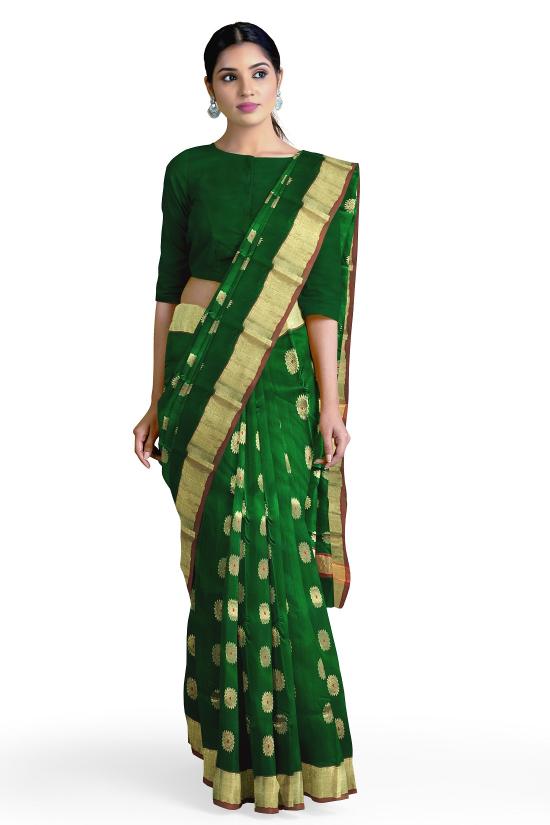 HerClozet Pure Chanderi Handwoven EKNAL Silk Saree (Green; Golden; Red)