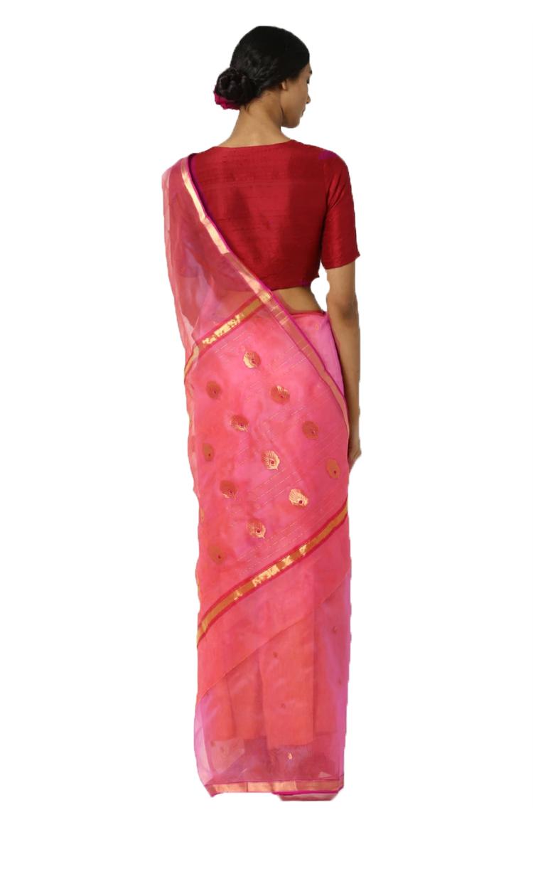 HerClozet Pure Dual shaded Chanderi Handwoven katan Silk Saree (Pink)