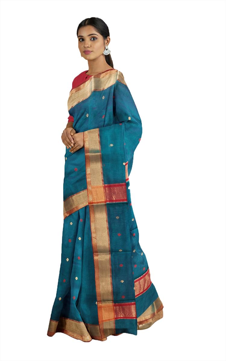 HerClozet Women's Pure Chanderi Handwoven katan Silk Saree (Turquoise;Red Golden)