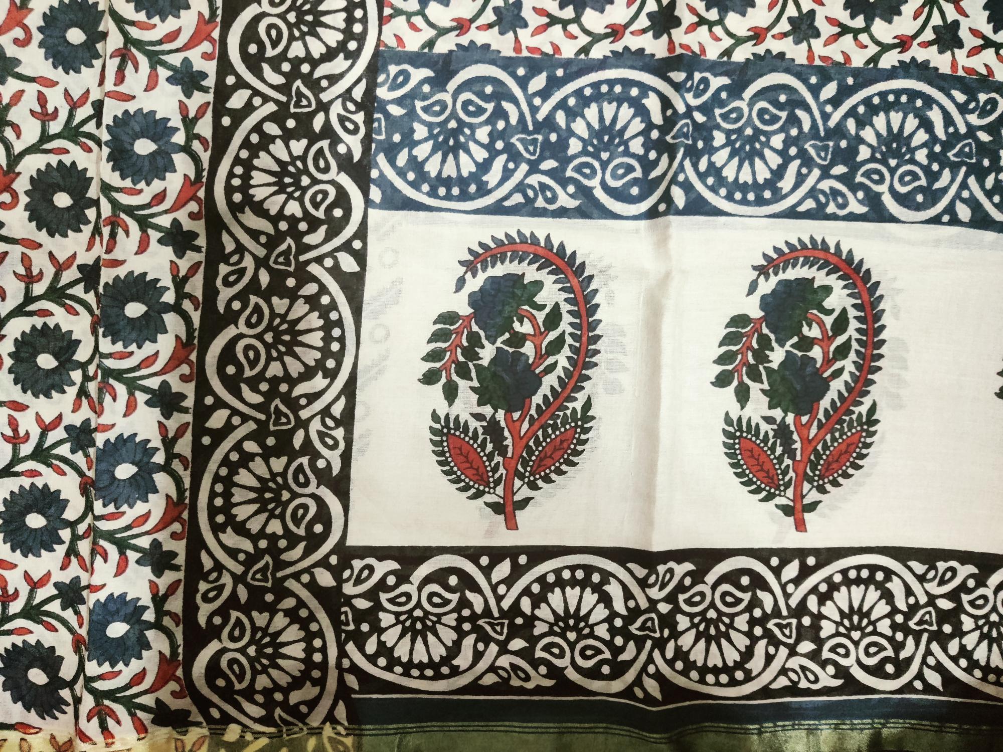 HerClozet Women's Chanderi pure Cotton handloom Saree (Beige;Blue)