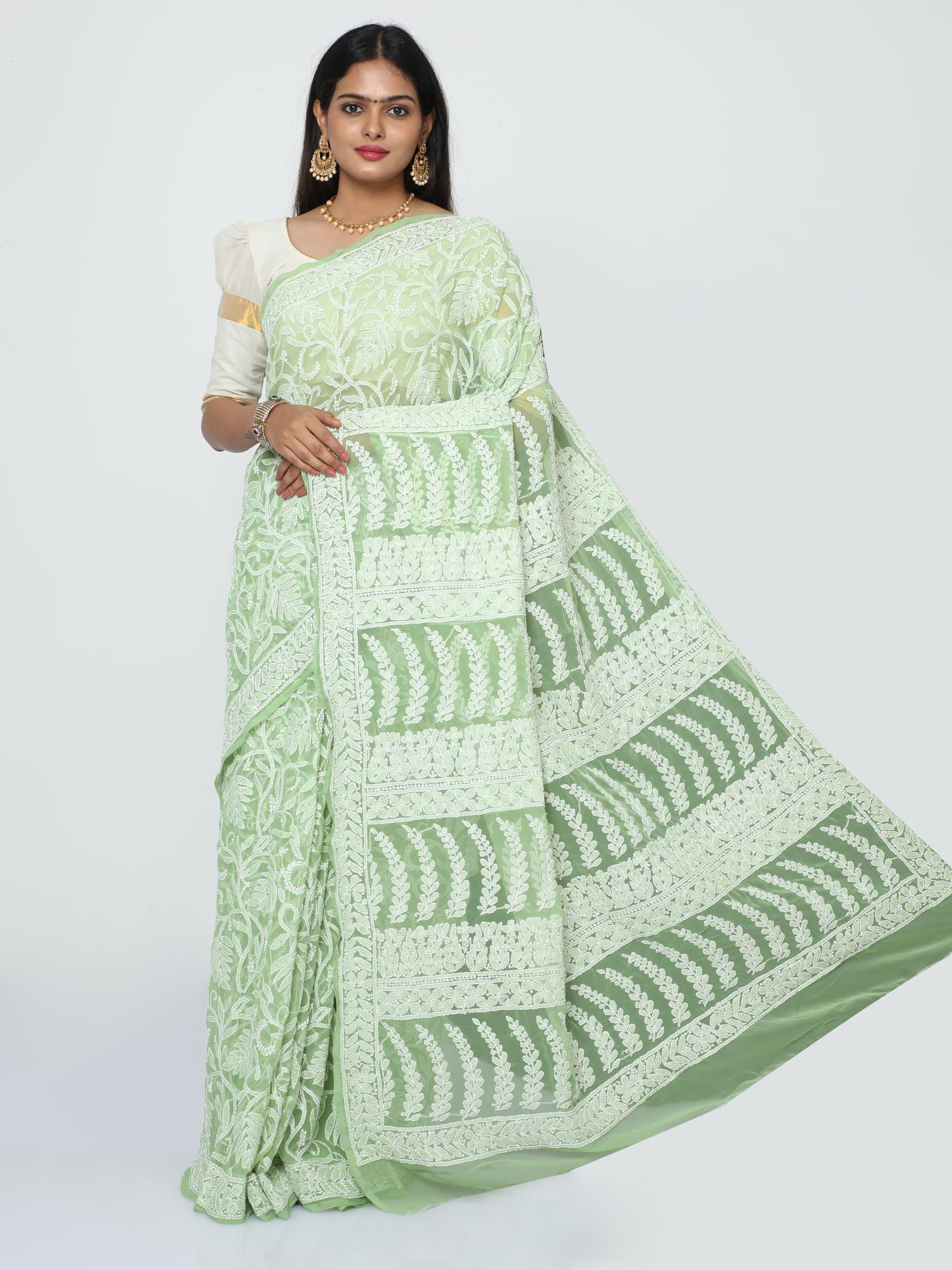 HerClozet Full Jaal Hand embroidered Chikankari Georgette Saree-Light Green