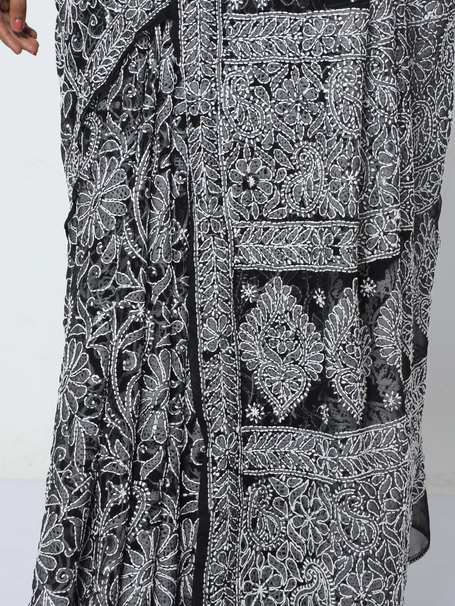 HerClozet Full Jaal Hand embroidered Chikankari Georgette Saree-Black