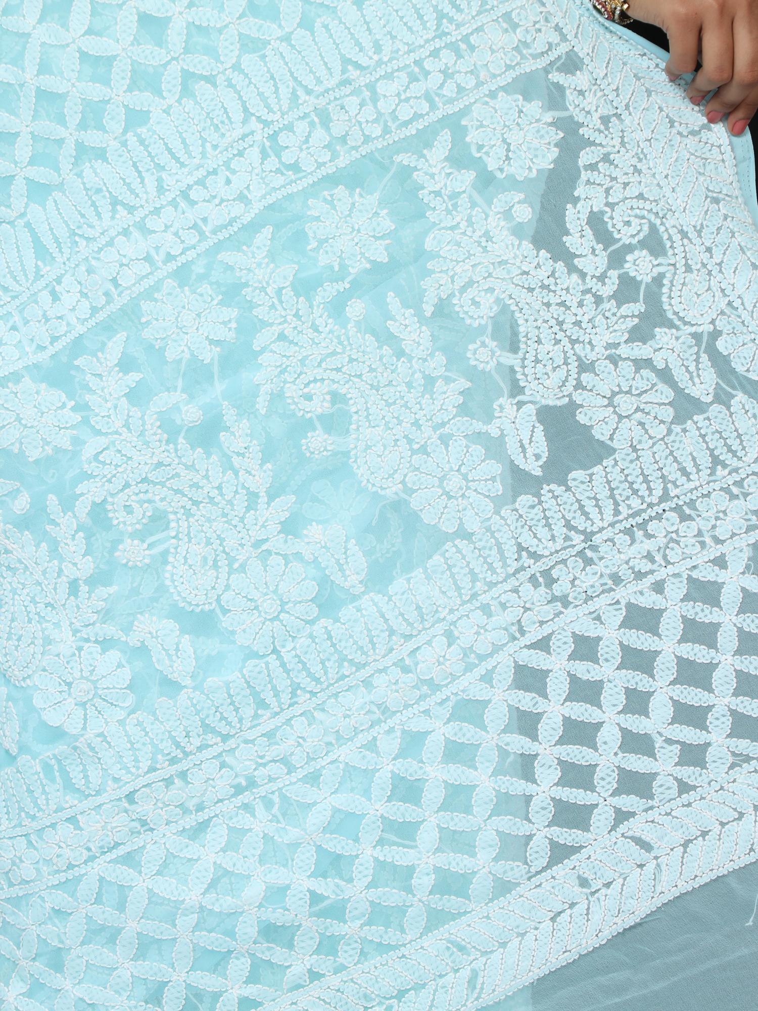 HerClozet Full Jaal Hand embroidered Chikankari Georgette Saree-6.3Mtr-Baby Blue