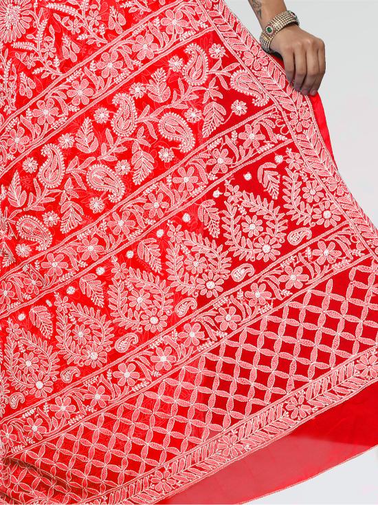 HerClozet Full Jaal Hand embroidered Chikankari Georgette Saree- Red