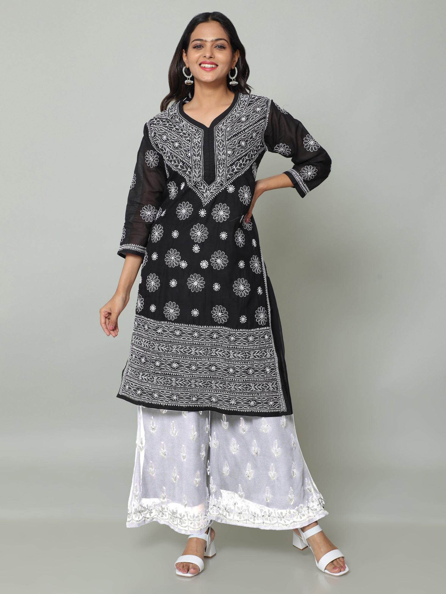 HerClozet Lucknowi Chikankari Cotton Kurta for Women(Black)