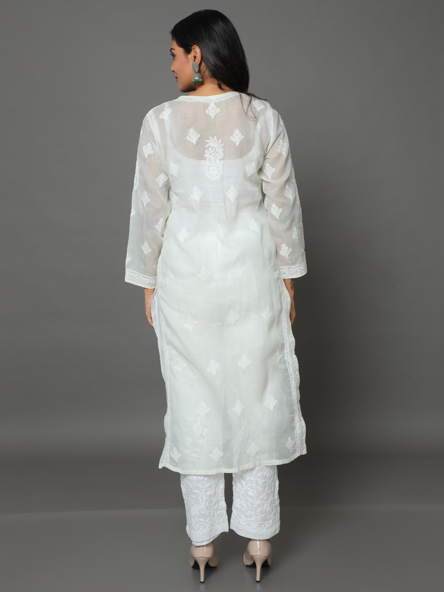 HerClozet Lucknowi Chikankari Cotton Kurta (Off White;36)