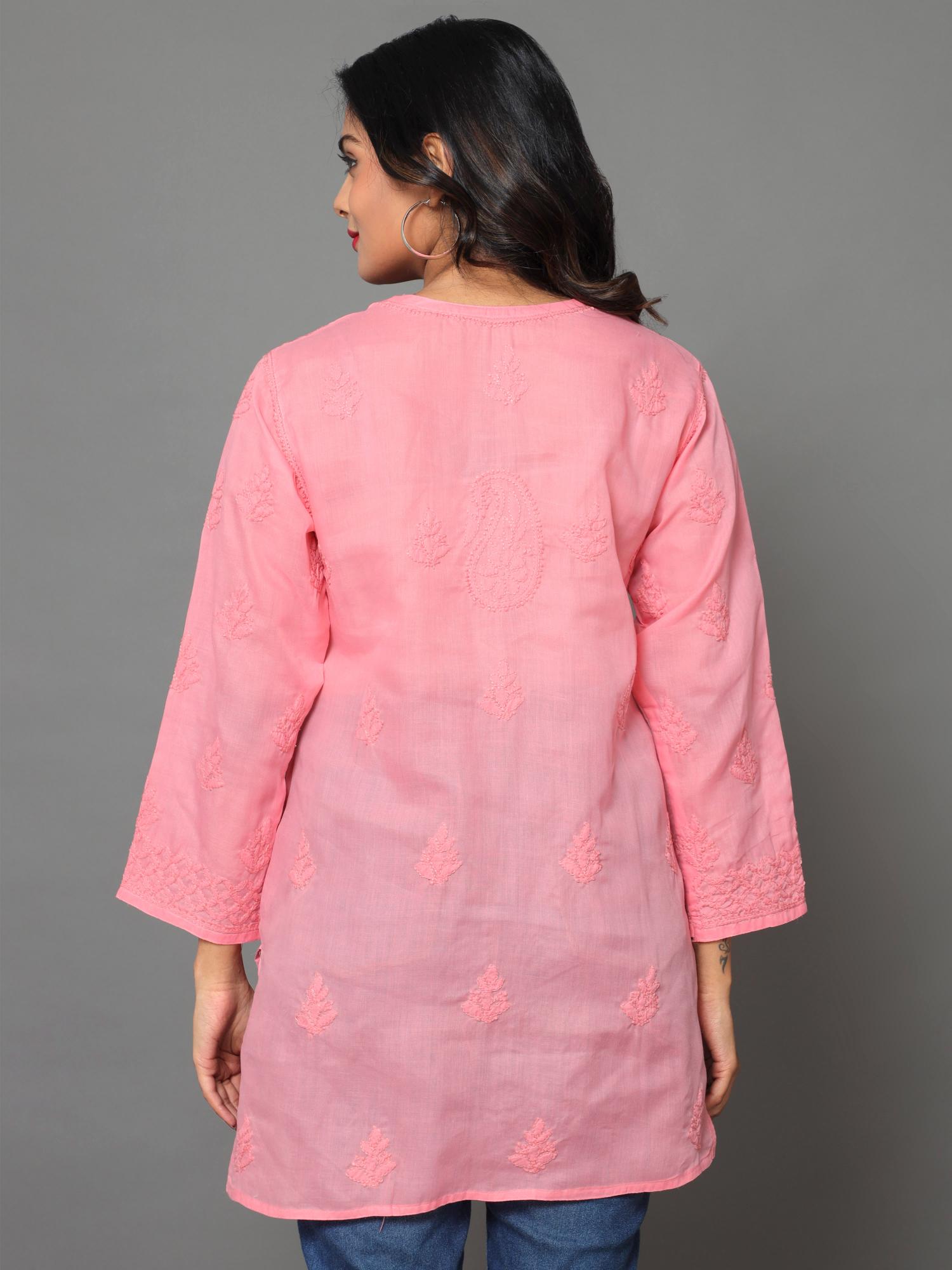 HerClozet Lucknow Chikankari Cotton Top-Peach Pink - 36