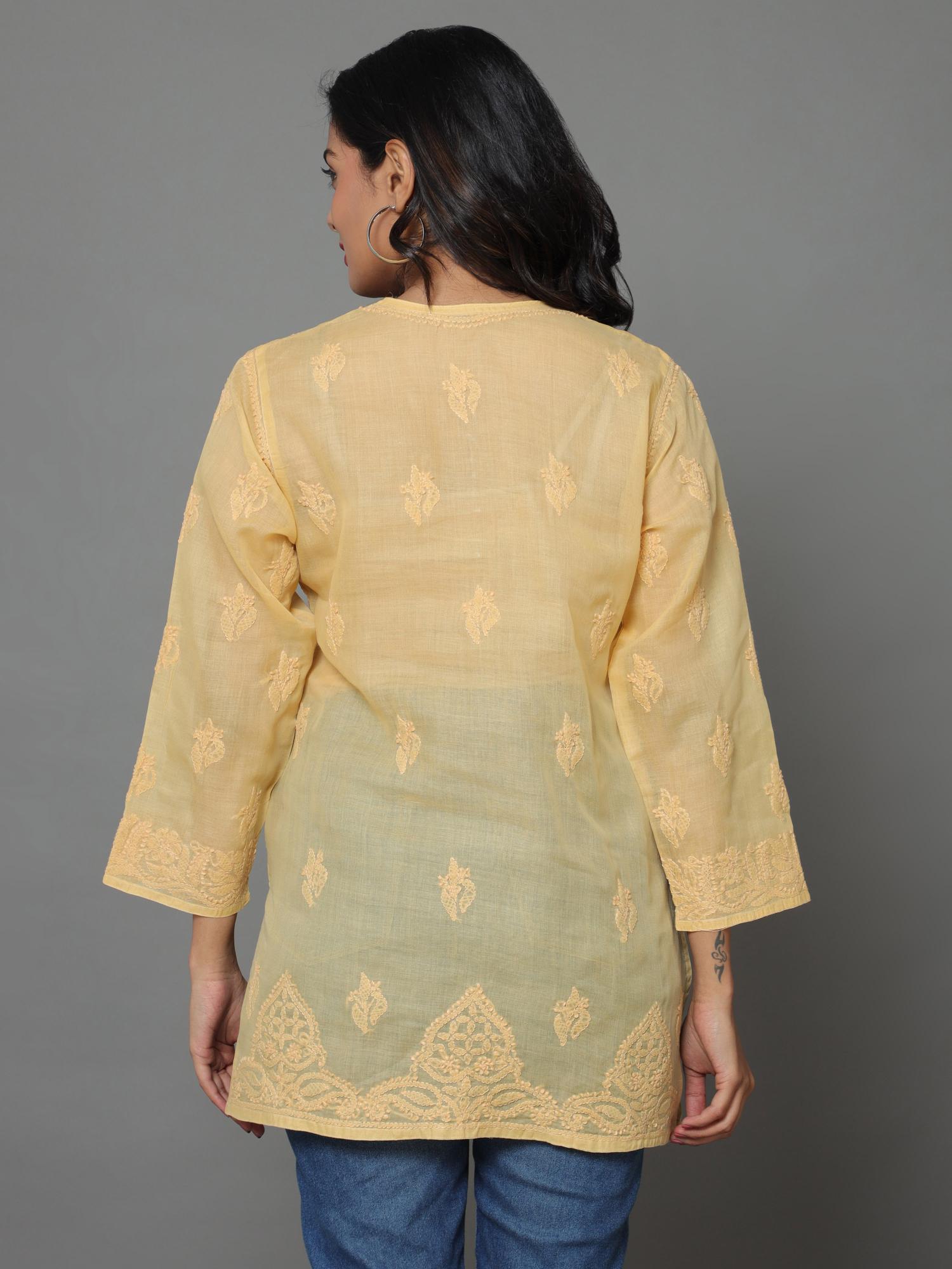 HerClozet Lucknow Hand Embroidery Chikankari Cotton Top-Beige -Size 38