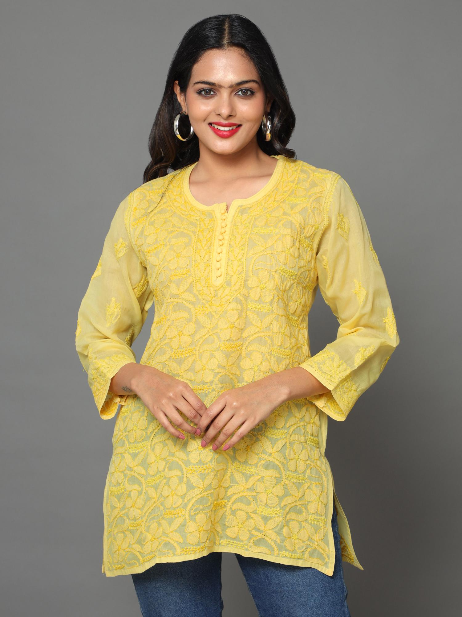 HerClozet Lucknow Chikankari Cotton Top-Yellow,Size 36
