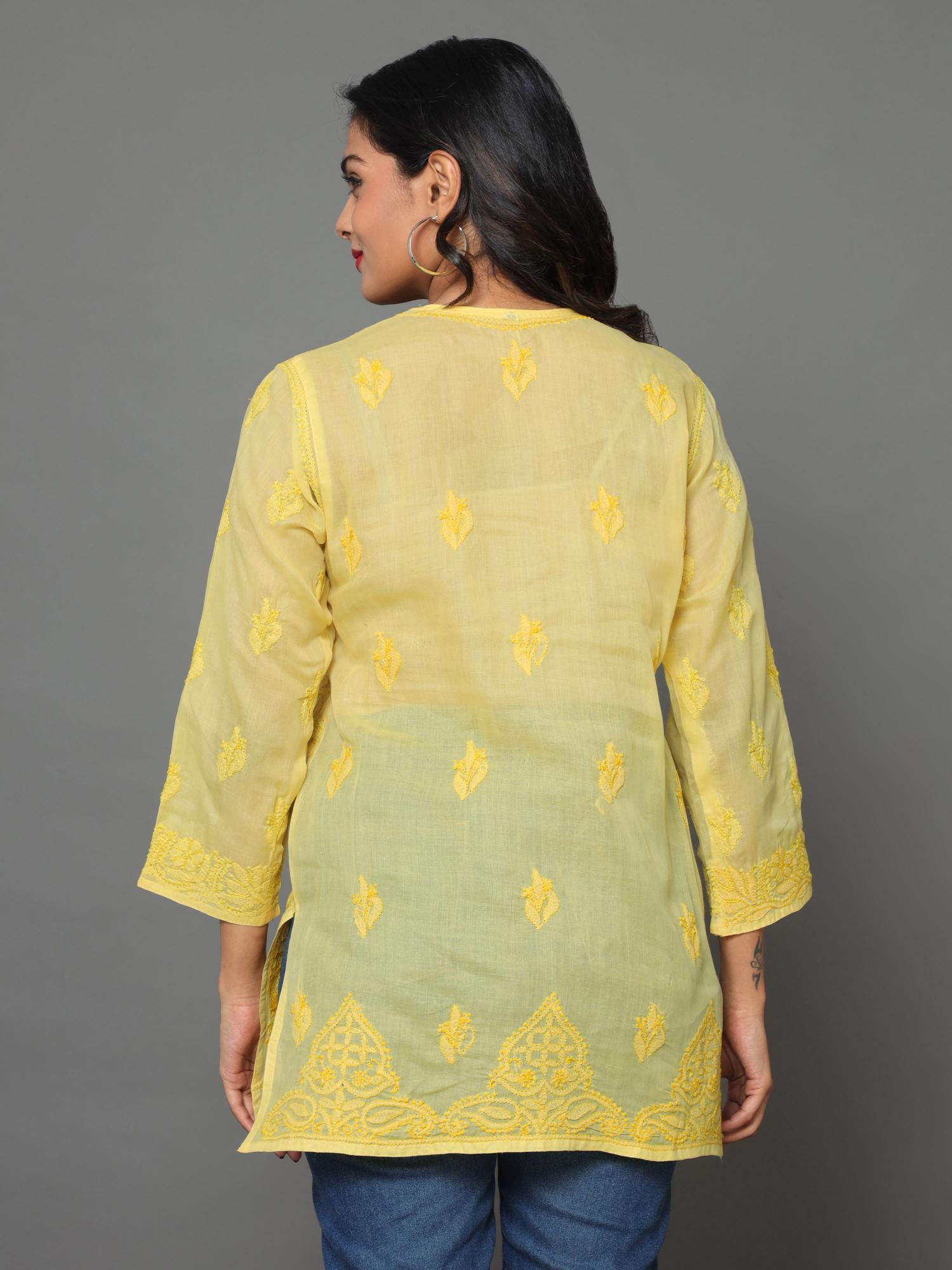 HerClozet Lucknow Chikankari Cotton Top-Yellow,Size 36