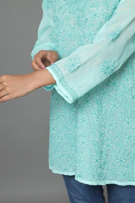 HerClozet Lucknow Hand Embroidery Chikankari Cotton Top-Sea Green,42