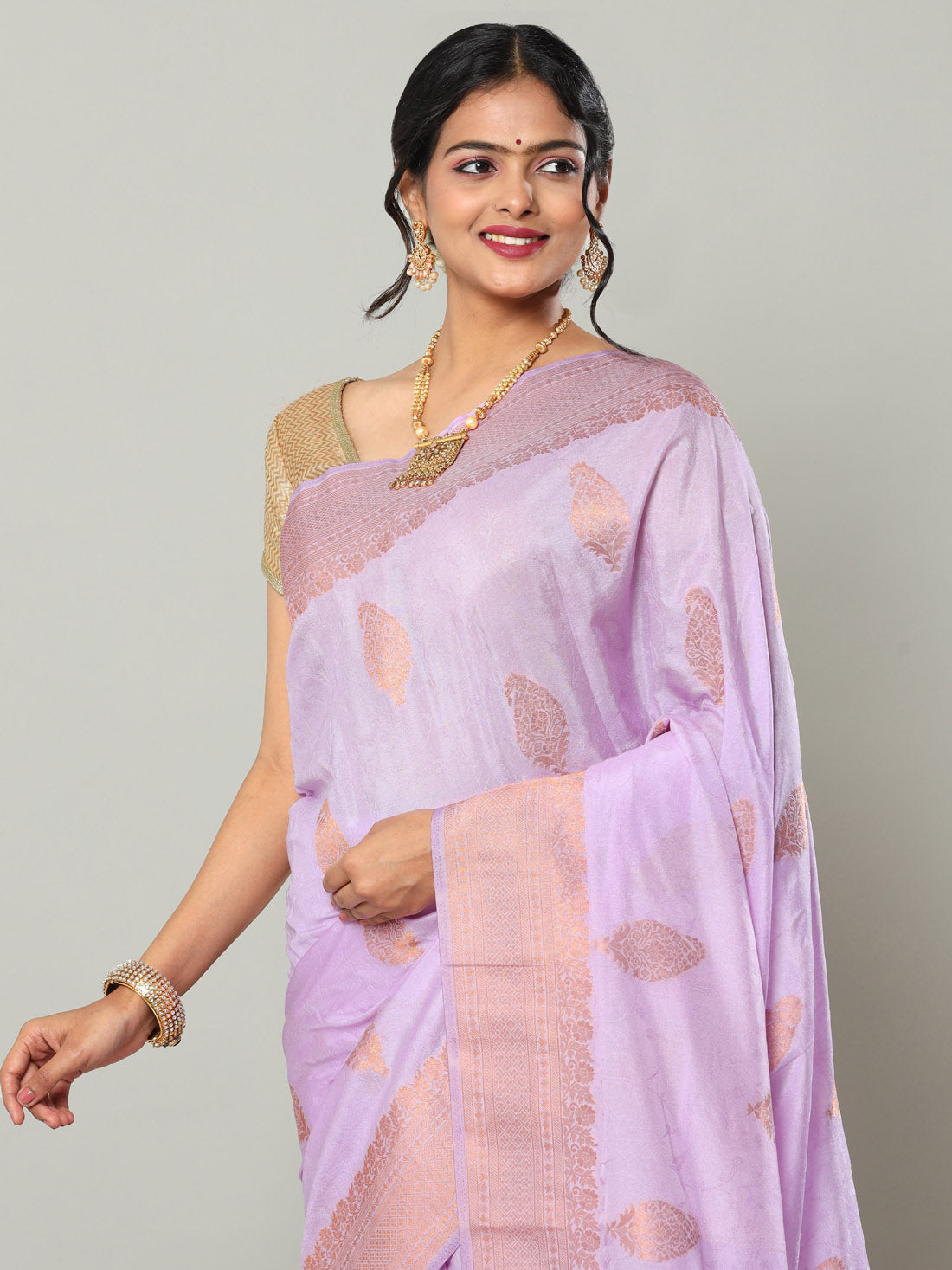 HerClozet Women's Woven Self weave Banarasi Khadi Chiffon Saree -6.3 Mtr(Light Purple)