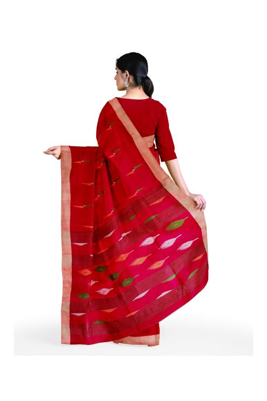HerClozet Women's Khadi Cotton Handloom Saree(Red;Multicolour)