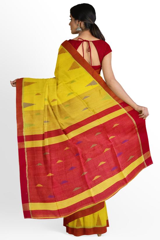 HerClozet Handloom Cotton Women Saree With Blouse(Yellow;Red)