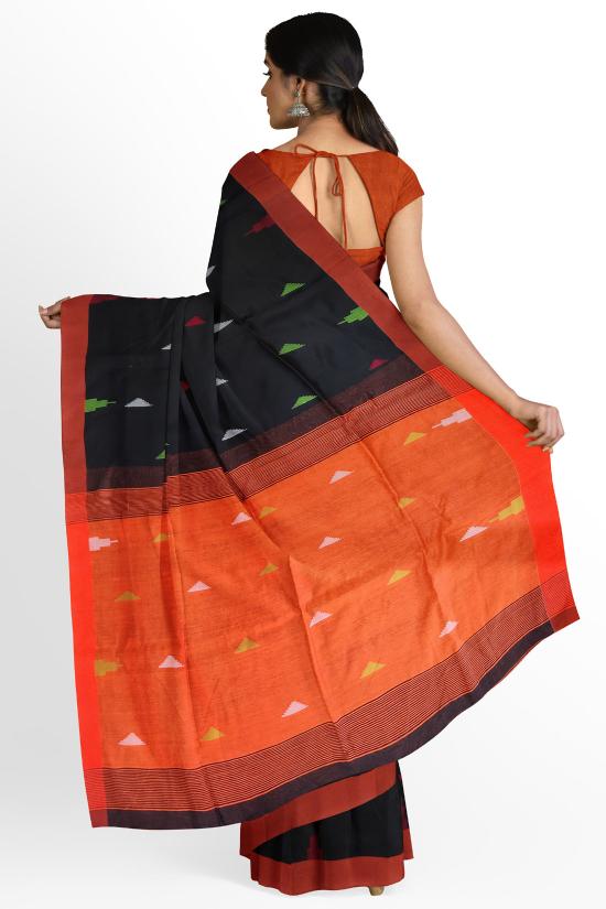 HerClozet Handloom Cotton Women Saree With Blouse(Black;Orange)