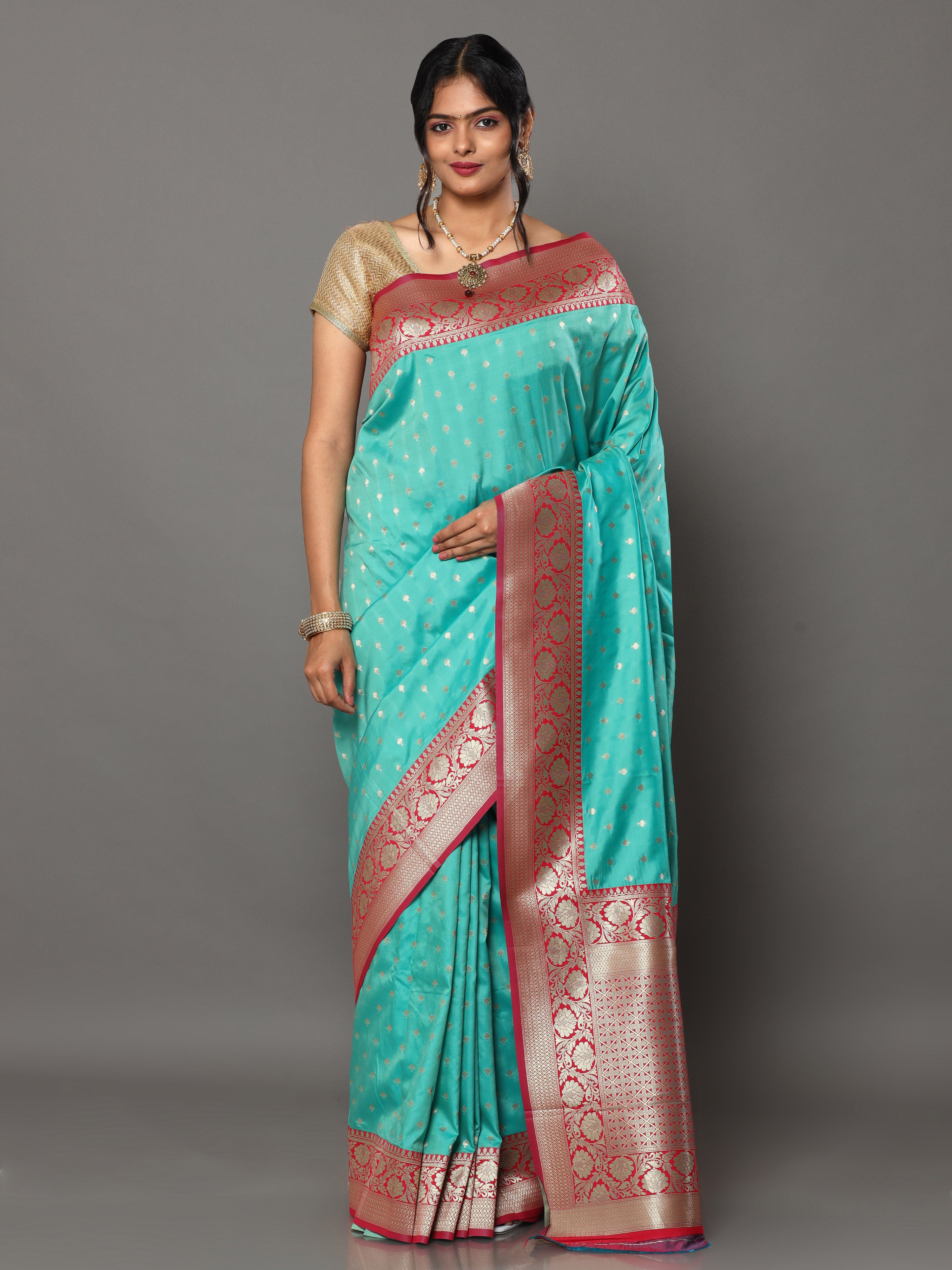 HerClozet Women's Katan soft Banarasi silk saree -6.3 Mtr(Turquoise Green;Red)