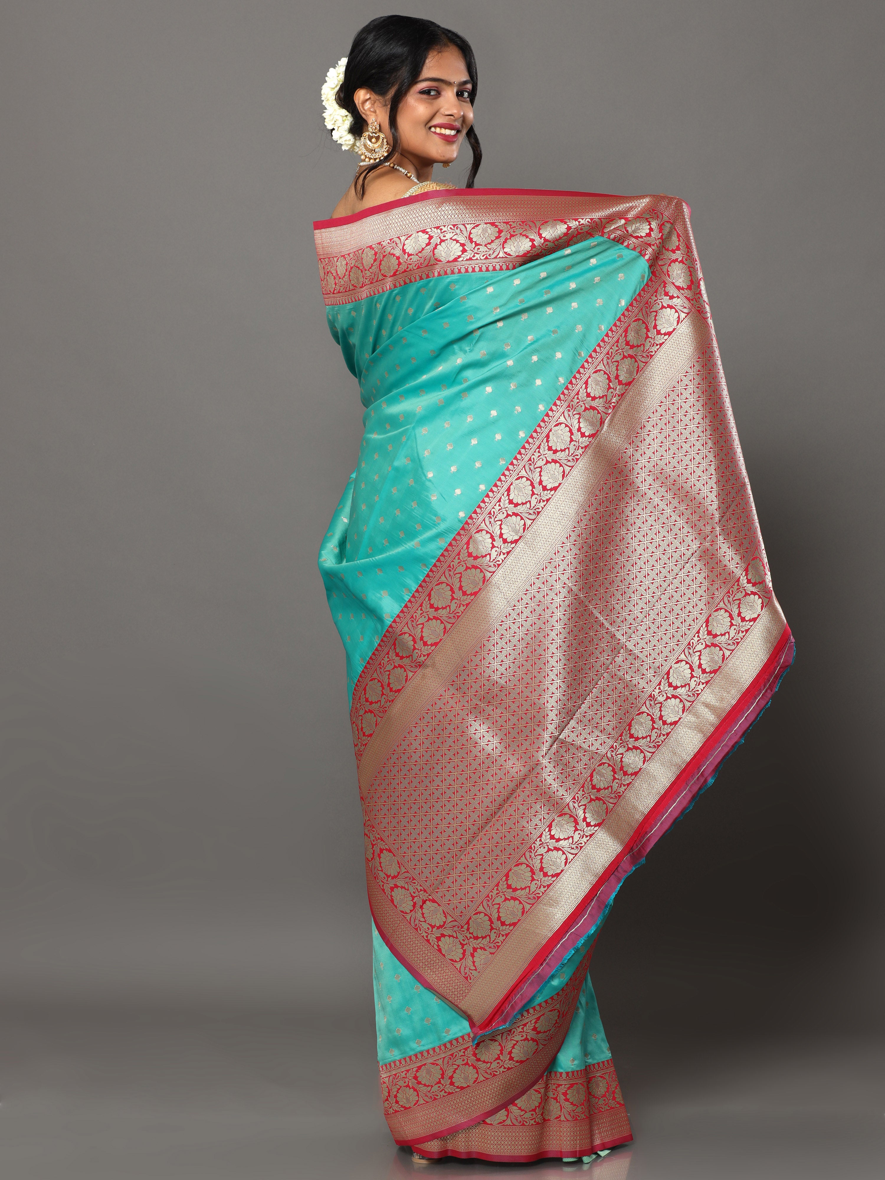 HerClozet Women's Katan soft Banarasi silk saree -6.3 Mtr(Turquoise Green;Red)