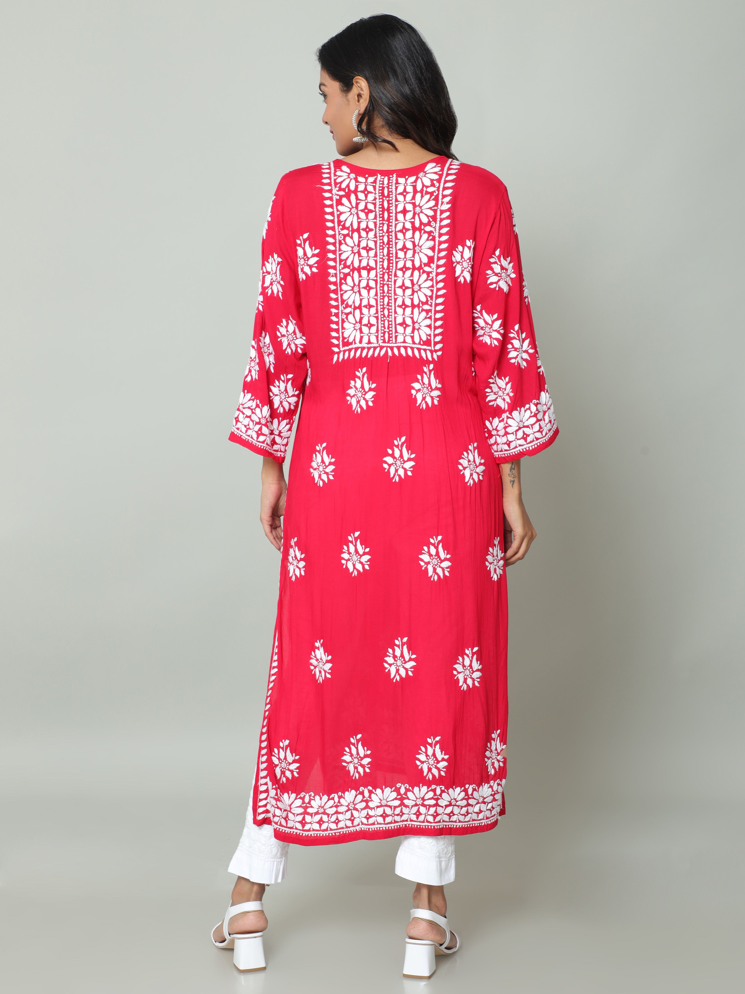 HerClozet Women's Modal Hand Embroidery Chikankari Kurta-Red
