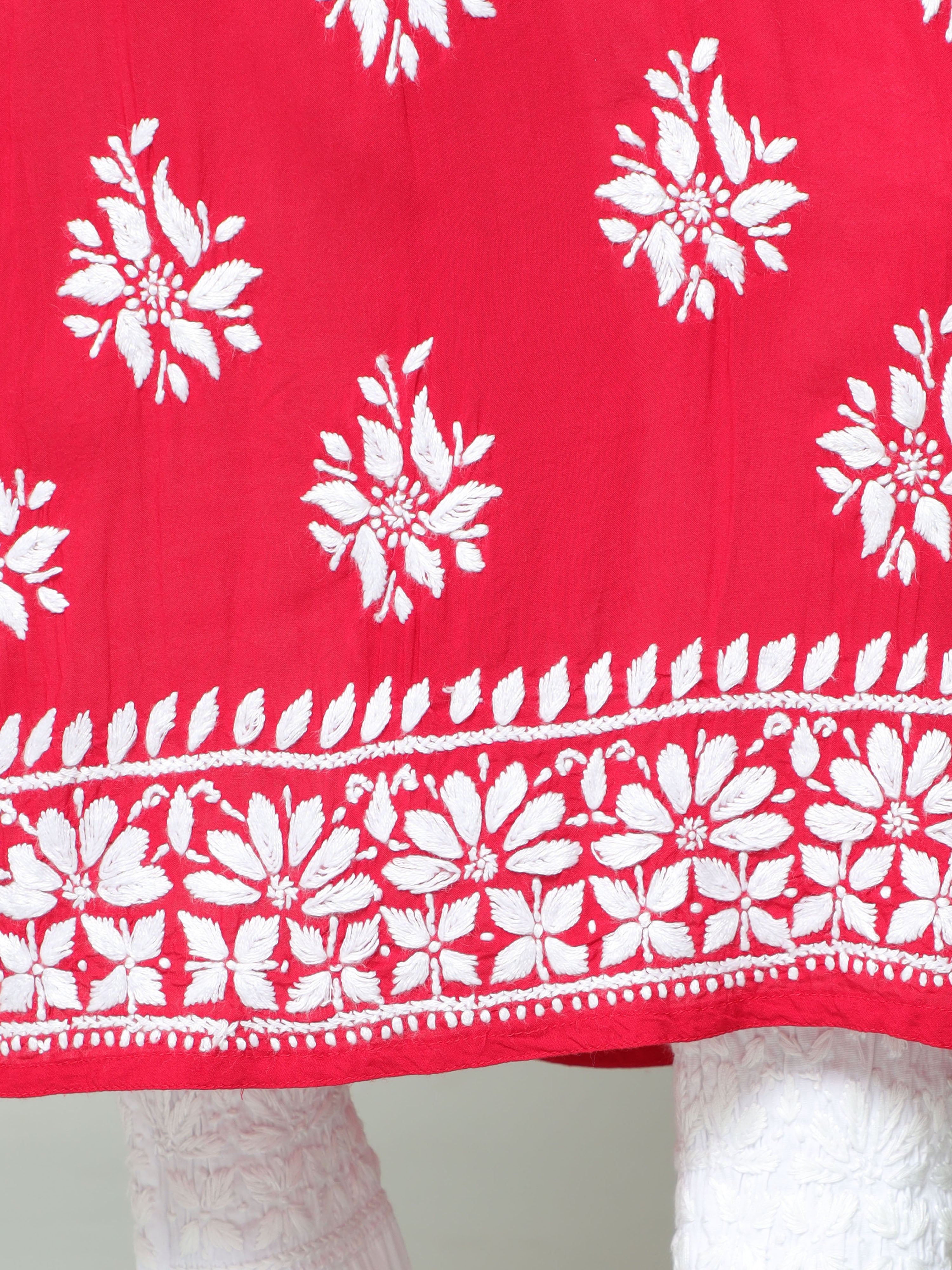 HerClozet Women's Modal Hand Embroidery Chikankari Kurta-Red