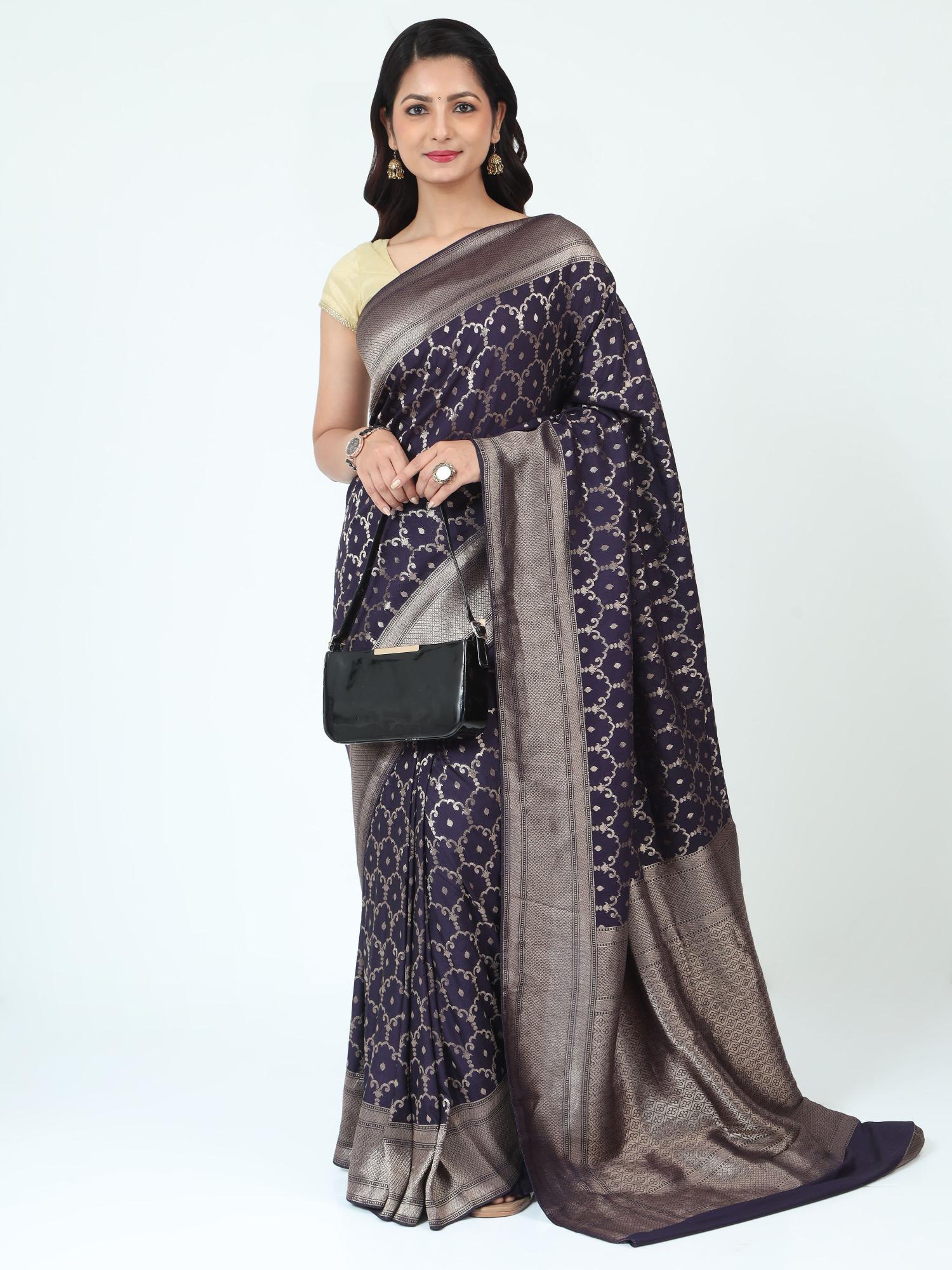 HerClozet Banarasi Chinnon Silk Saree with zari weaving (Navy Blue)