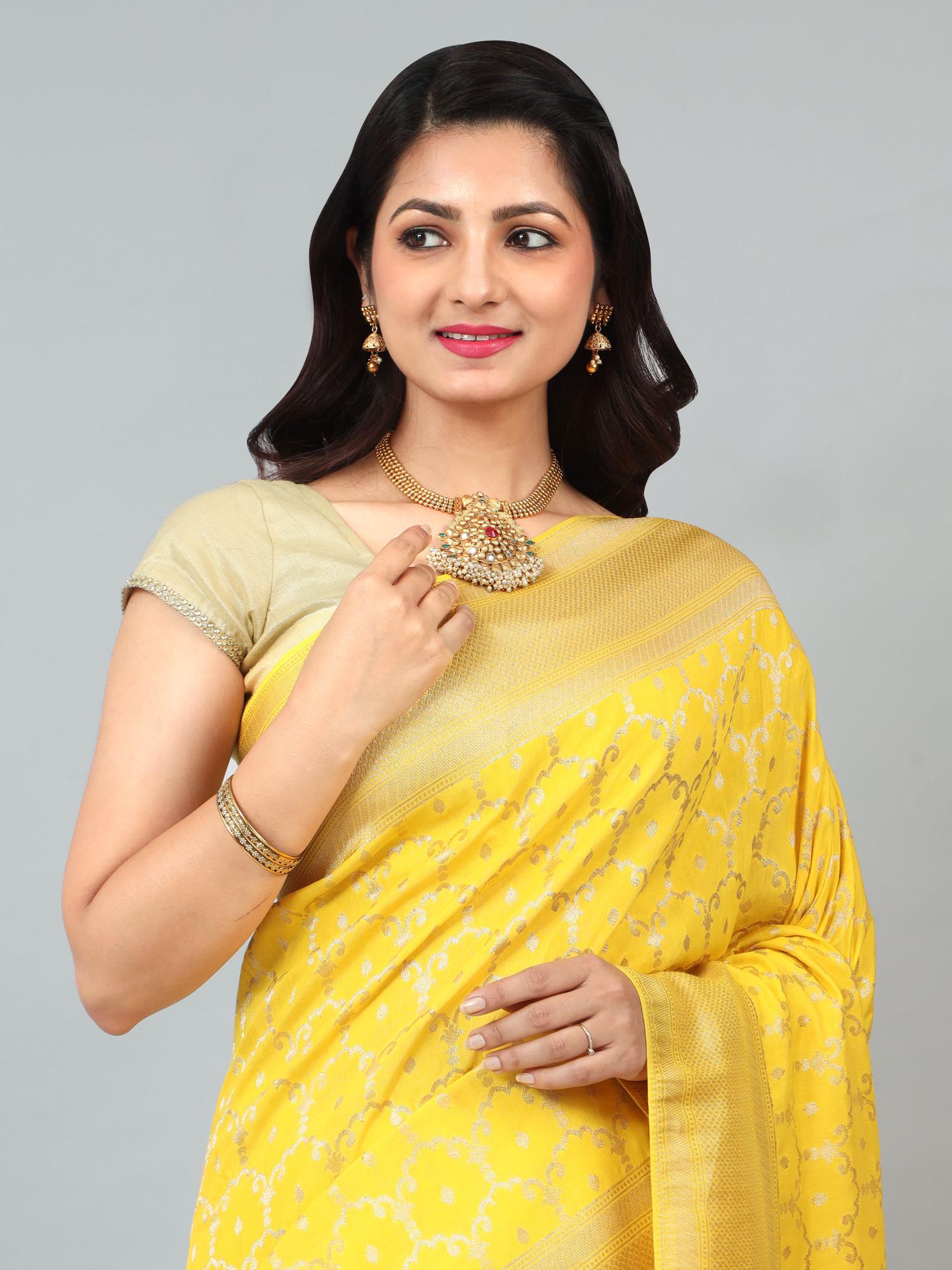 HerClozet Banarasi Chinnon Silk Saree with zari weaving (Lemon Yellow)