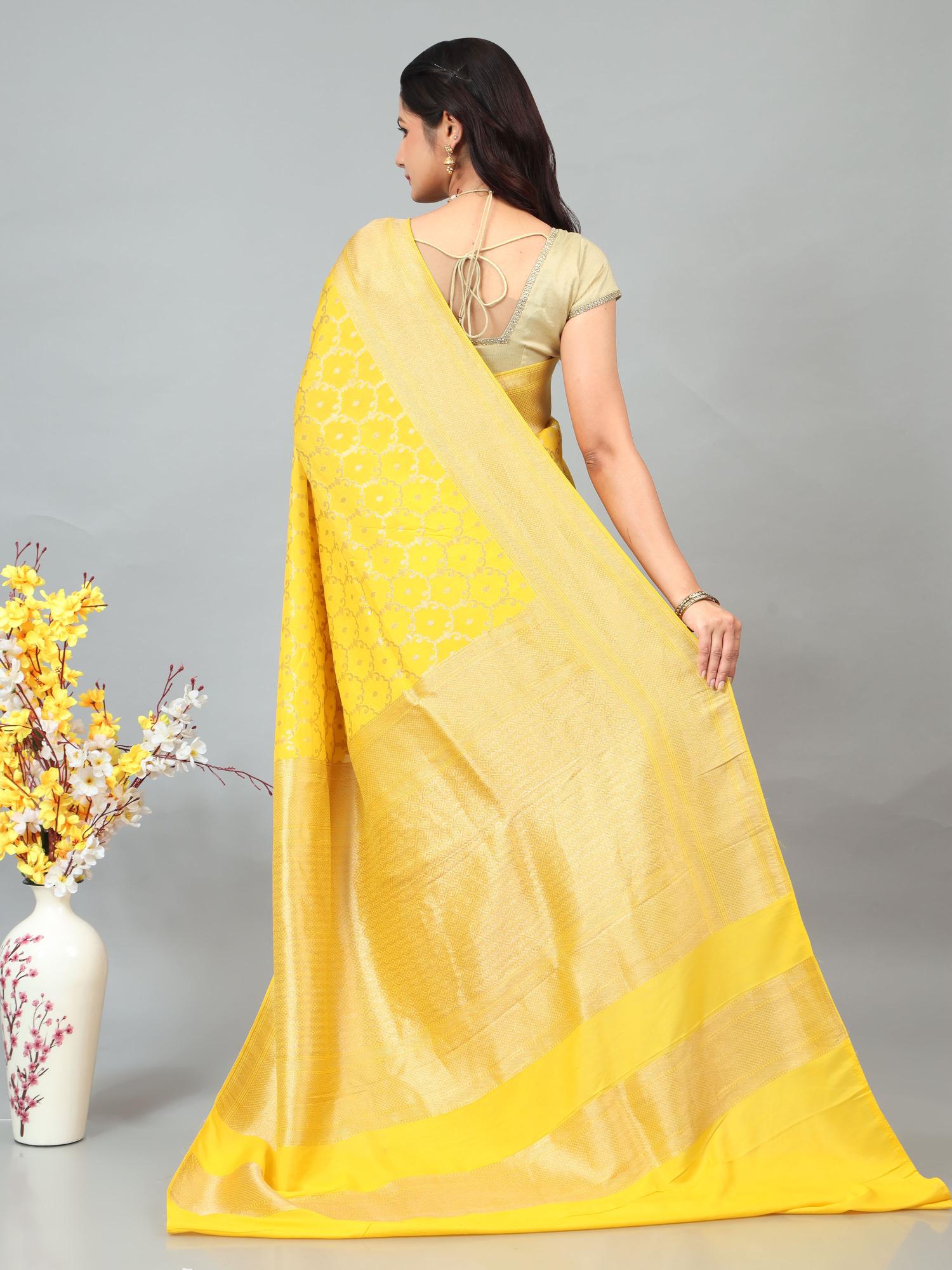 HerClozet Banarasi Chinnon Silk Saree with zari weaving (Lemon Yellow)