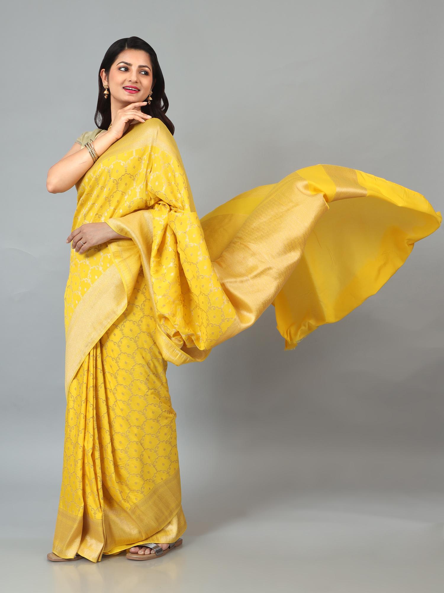 Combo of HerClozet  Banaras Soft Saree(Set Of 2)-Gajari & Lemon yellow