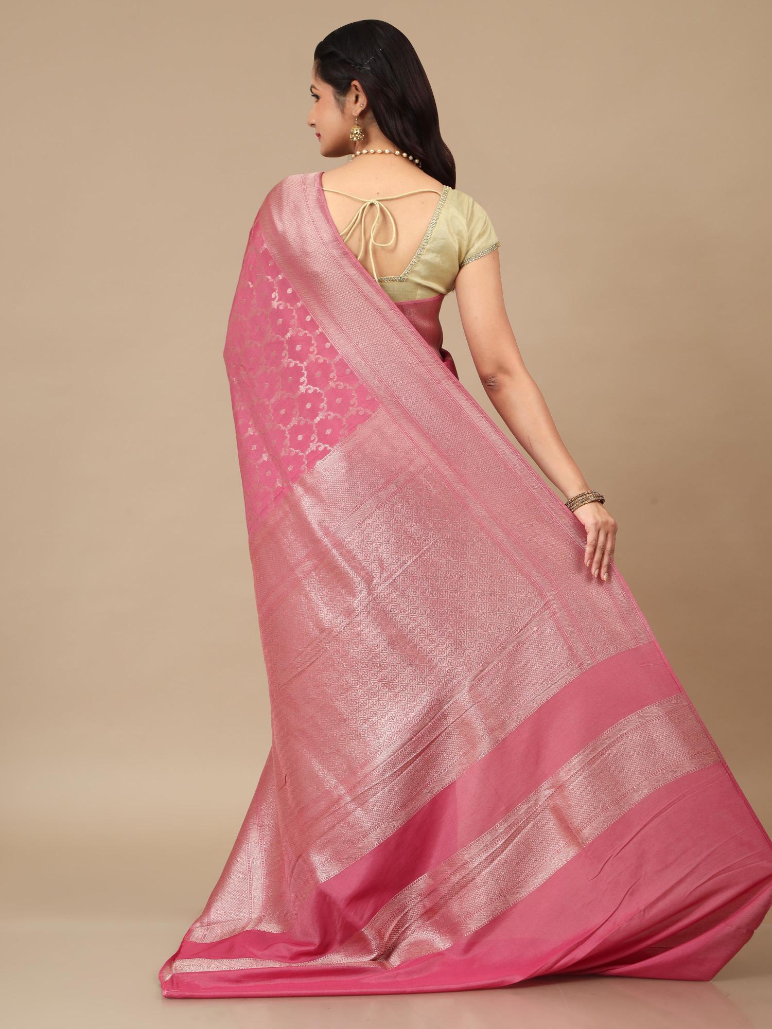 HerClozet Banarasi Chinnon Silk Saree with zari weaving (Light Pink)