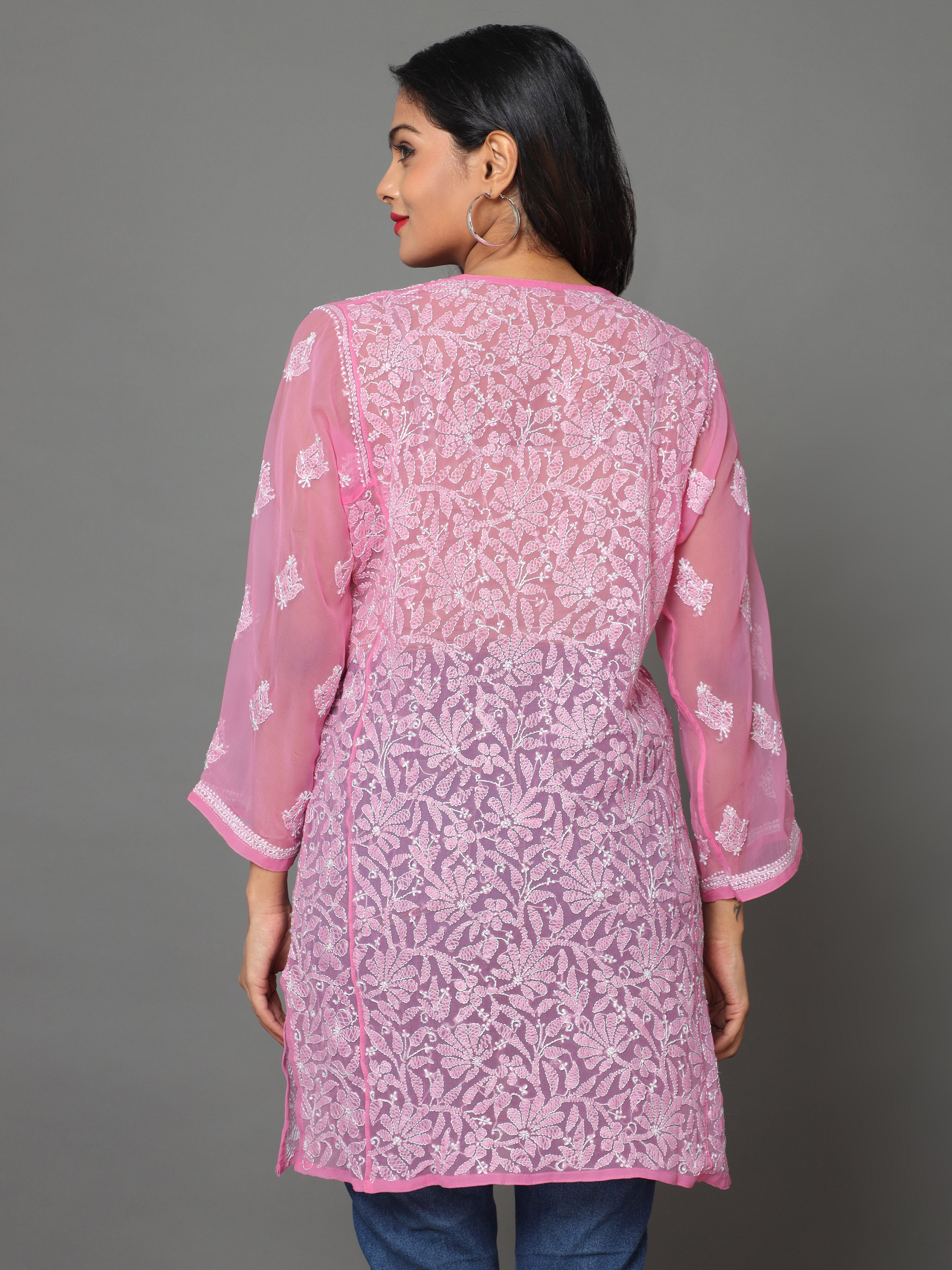 HerClozet Women's Lucknowi Hand Embroidery Chikankari Georgette Kurti -Size 40 Pink