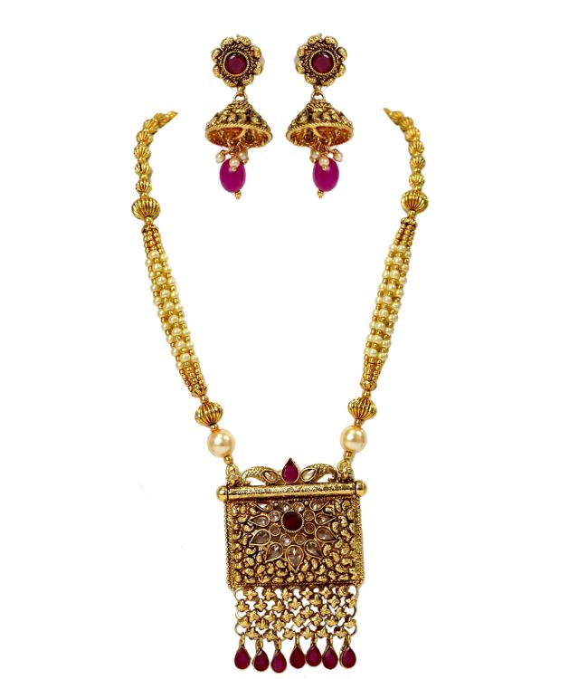 HerClozet Women's Necklace with Red Kundan Hangings