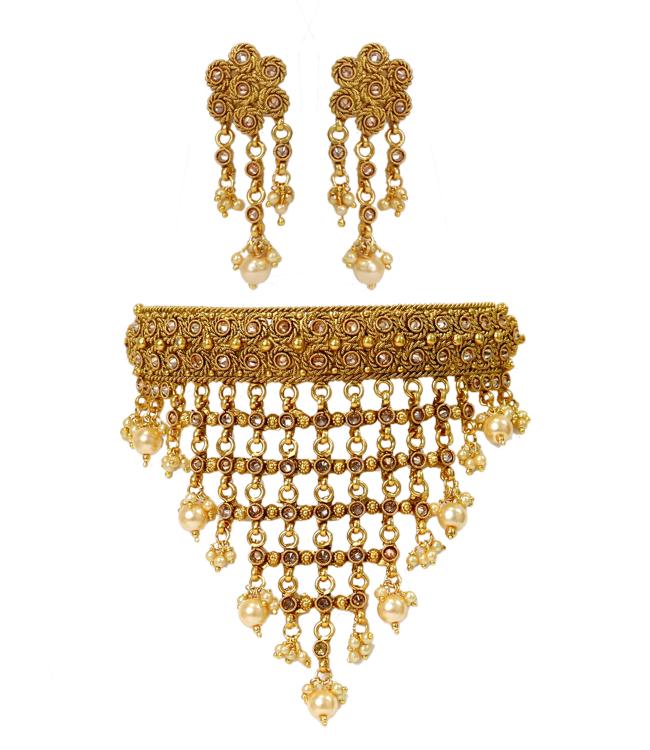 HerClozet Women's Golden Choker Set with White Pearl Hangings Earrings