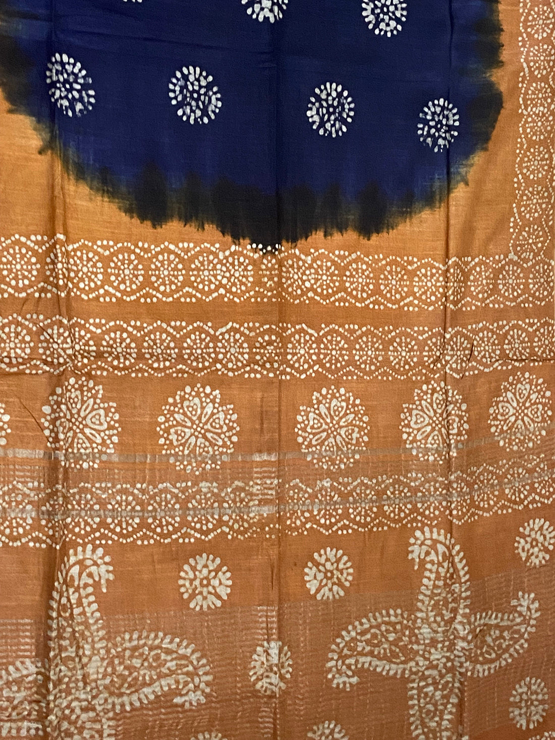 HerClozet Linen Batik Print Bhagalpuri Handloom Saree-(Blue;Mustard)