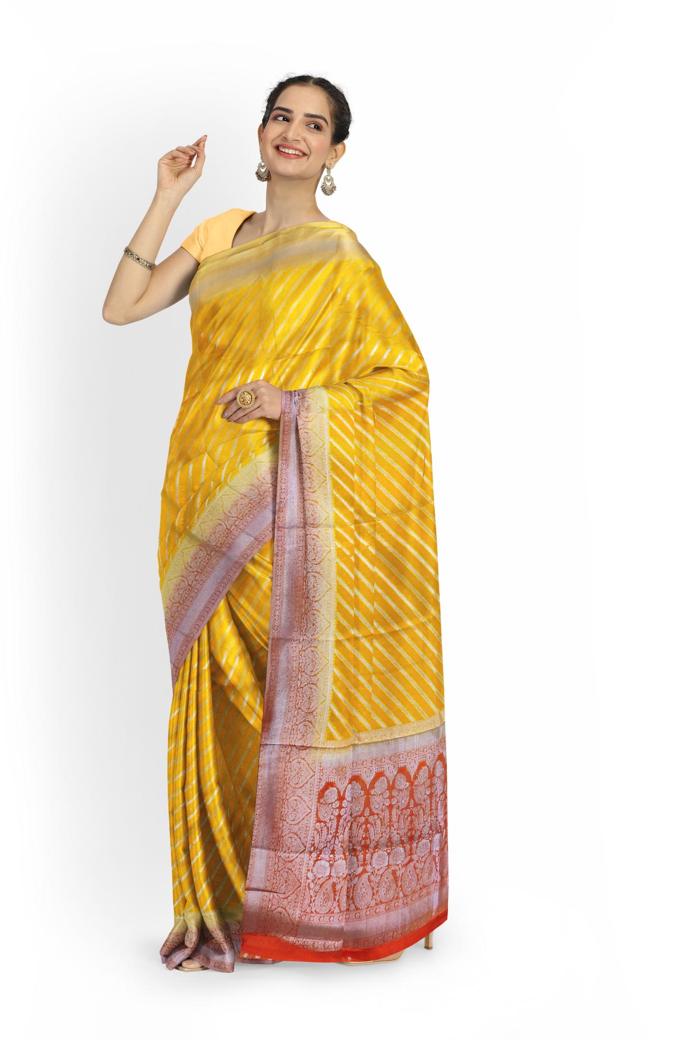 HerClozet Khaddi Banarasi Georgette Zari weaving saree(Yellow;Red)