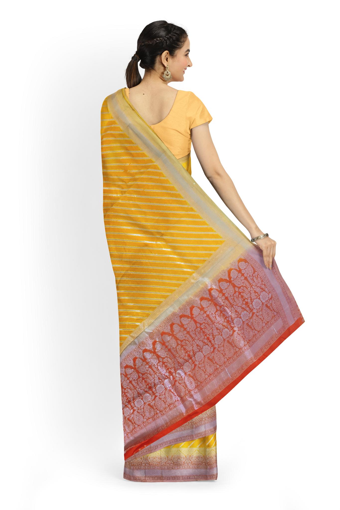 HerClozet Khaddi Banarasi Georgette Zari weaving saree(Yellow;Red)