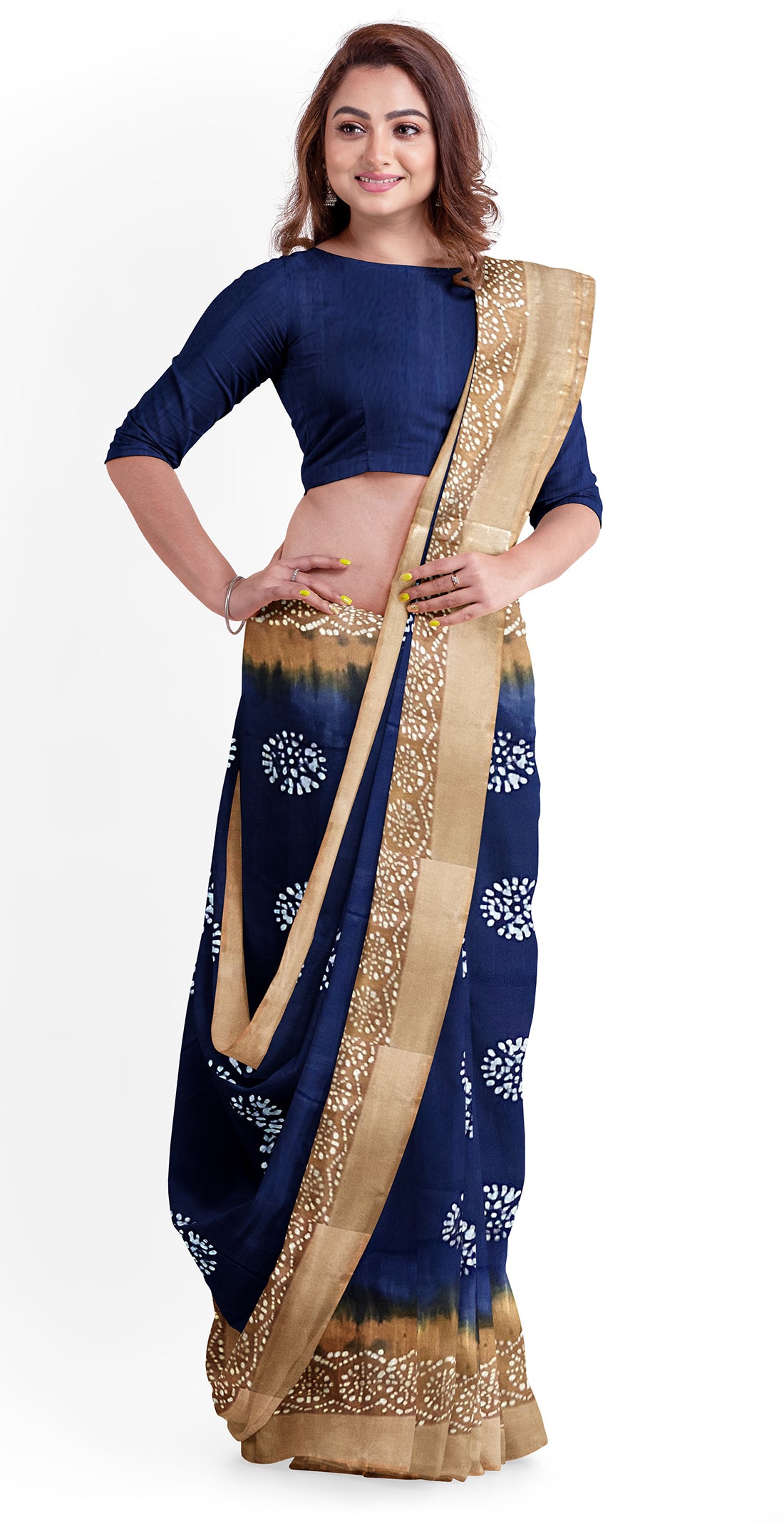 HerClozet Linen Batik Print Bhagalpuri Handloom Saree-(Blue;Mustard)