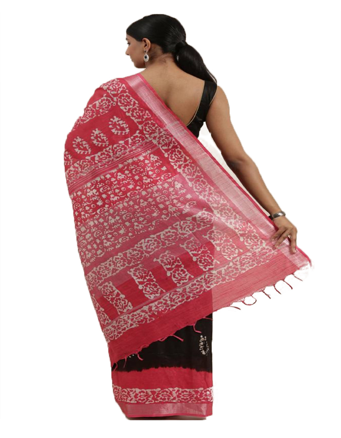 HerClozet Linen Batik Print Bhagalpuri Handloom Saree-(Black;Red)